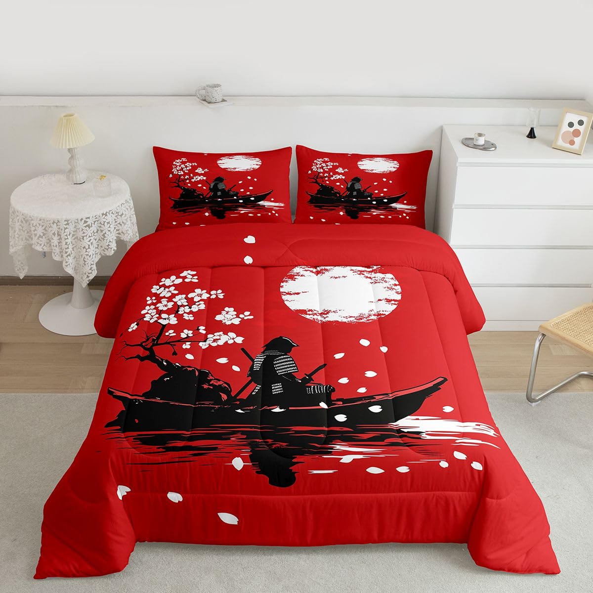 jejeloiu Japanese Samurai Comforter Set All Season Cherry Blossom Bedding Set with 2 Pillow Cases Red Sun Microfiber Kids Queen Bedclothes Japanese Ukiyoe Bedroom Decor Duvet Quilt Breathable Soft