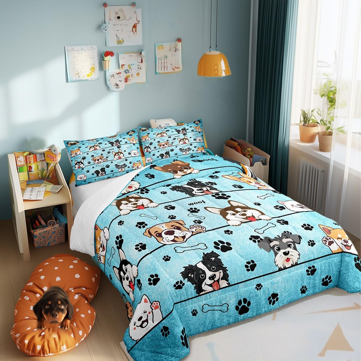 Manfei Cute Dog Comforter Set for Kids Room Decor Cartoon Puppy Pet Animals Bedding Comforter Twin Size Black Paw Print Blue Soft Polyester Quilt Set with 1 Pillowcase