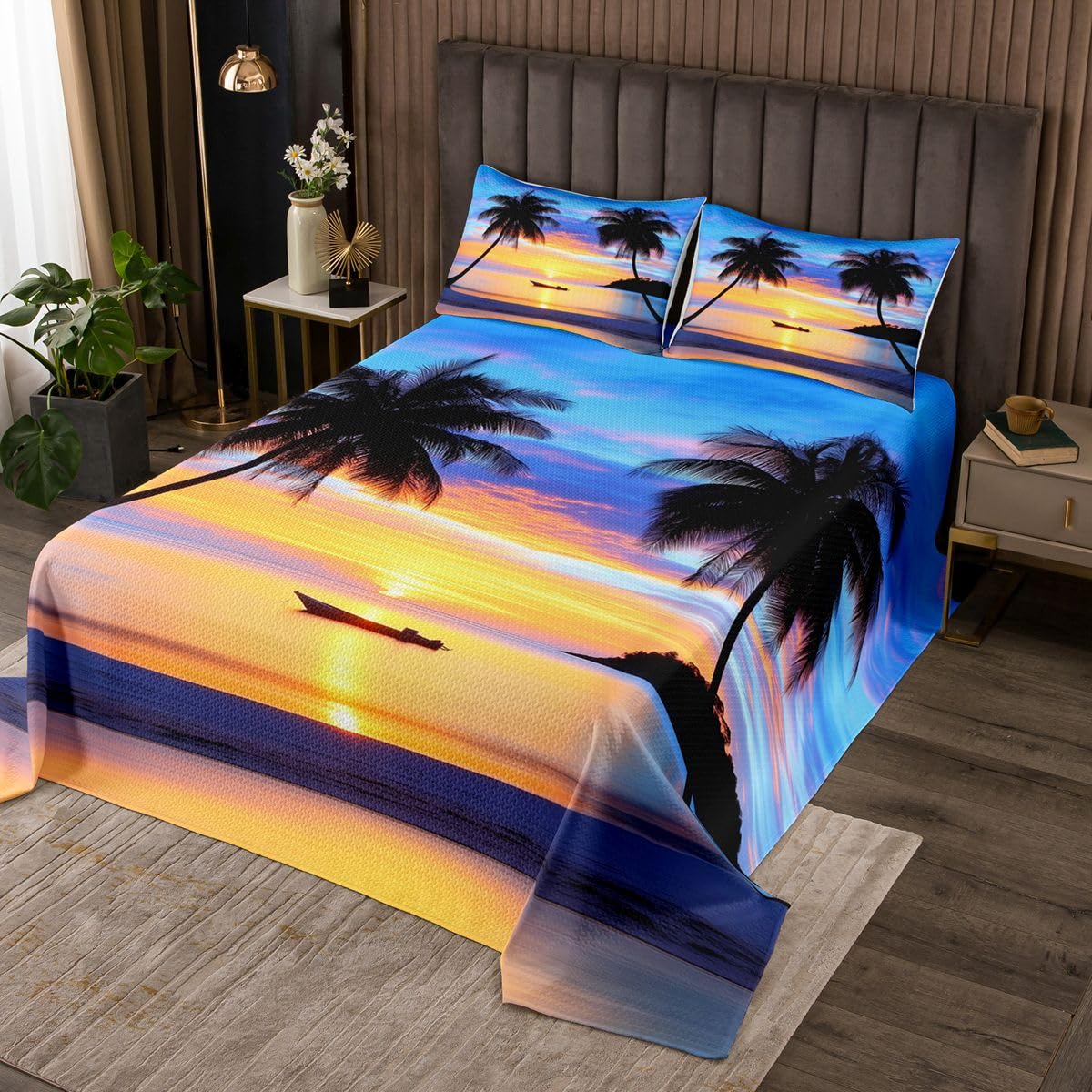 jejeloiu Ocean Sea Bedspread Quilts Sunset Coverlet Set Queen Size for Kids Boys Girls Palm Tree Ship Quilted Coverlet for All Season with 2 Pillowcases Microfiber