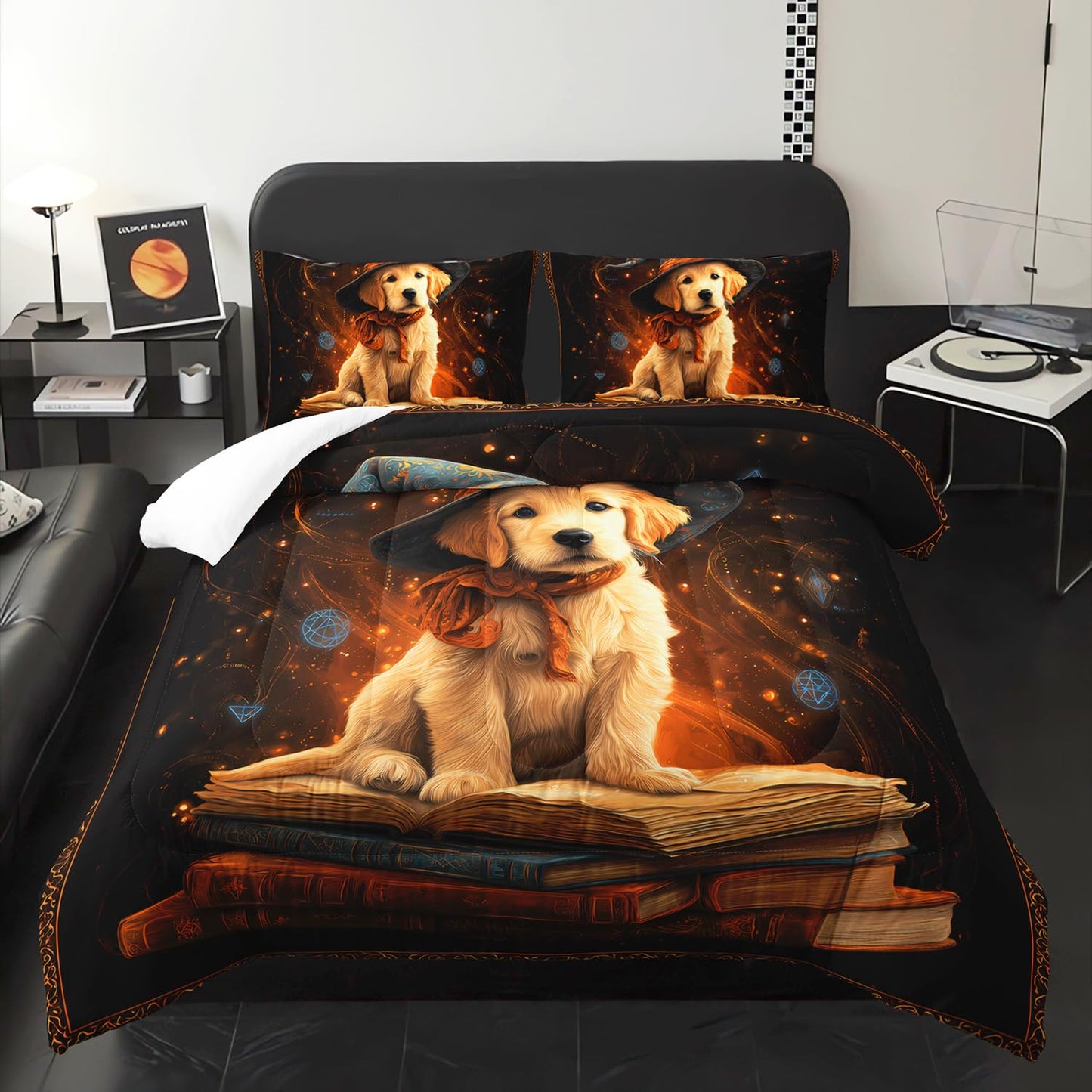 XYNHML Kawaii Retriever Dog Comforter 3Pcs Twin Lovely Wizard Hat Puppy Bedding Set for Kid Teen Girl Boy Teen Adult Wild Animal Mysterious Magic Book Quilt Bed Decor with 1 Comforter & 2 Pillowcases