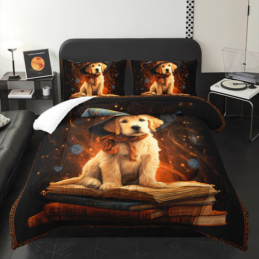 XYNHML Kawaii Retriever Dog Comforter 3Pcs Twin Lovely Wizard Hat Puppy Bedding Set for Kid Teen Girl Boy Teen Adult Wild Animal Mysterious Magic Book Quilt Bed Decor with 1 Comforter & 2 Pillowcases