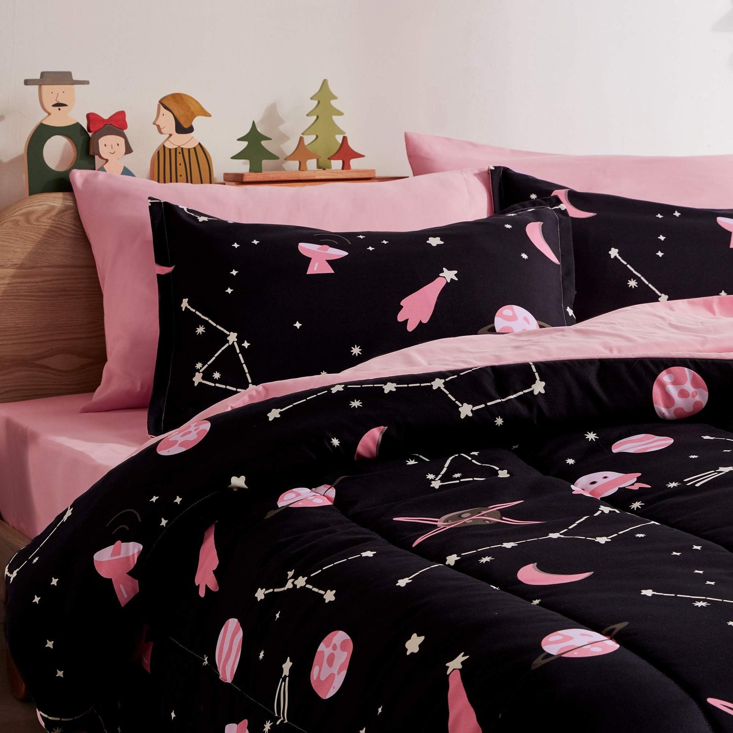 SLEEP ZONE Kids Twin Bedding Comforter Set - Super Cute & Soft Kids Bedding Bed in a Bag 5 Pieces Set with Comforter, Sheet, Pillowcase & Sham (Pink Galaxy)