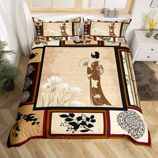 Erosebridal Chinese Girl Bedding Set Lotus Duvet Cover Full Size Asian Culture Comforter Cover Japanese Traditional Ethnic Exotic Bedspread Cover for Kids Adult Dorm Room Decorative