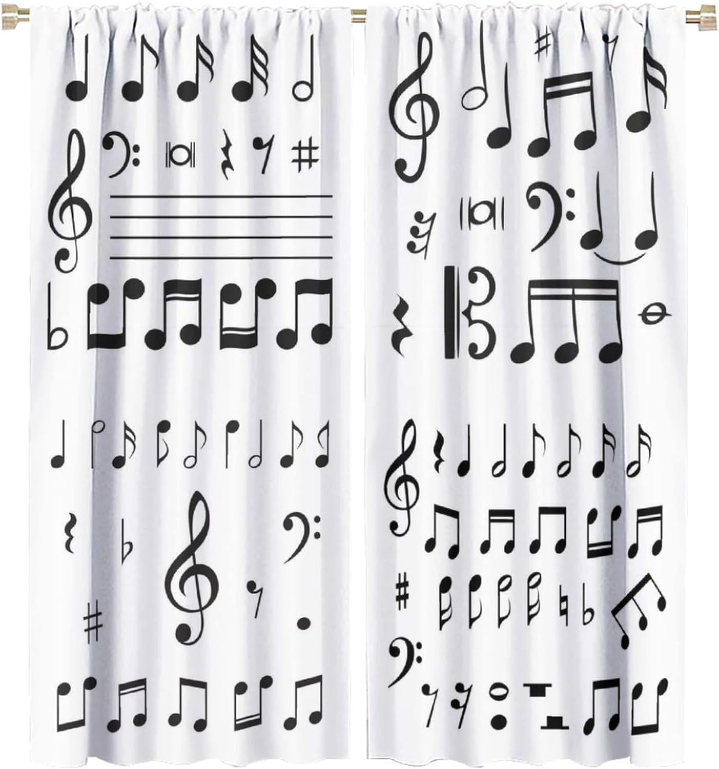 HZOHNAGO Music Curtain Black and White Musical Notes Blackout Print Rod Pocket Window Drapes for Bedroom Living Room 42x45in