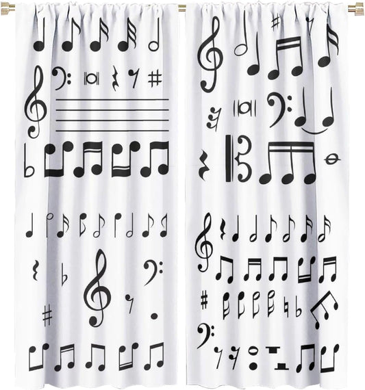 HZOHNAGO Music Curtain Black and White Musical Notes Blackout Print Rod Pocket Window Drapes for Bedroom Living Room 42x45in