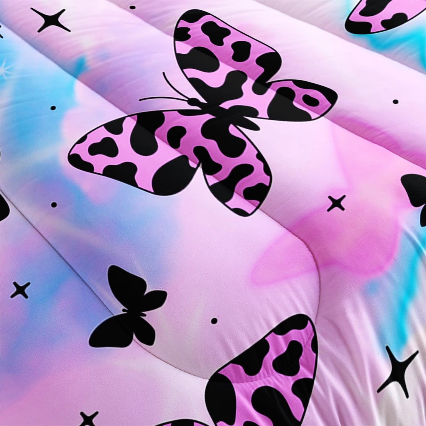 UEVBF Beautiful Butterfly Comforter Set Queen Size,Spotted Butterfly Printed Bedding Set for Kids Girls Women Room Decor,Rainbow Aesthetic Toddler Bedding Sets for Girls with 2 Pillowcases.