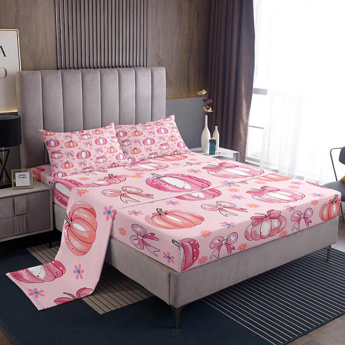 Feelyou Halloween Theme Bed Sheets Set Full Size Pumpkin Lantern Deep Pocket Fitted Sheet Pink Bow Bedding Sets Cute Floral Soft Bed Set 4Pcs with 2 Pillow Cases