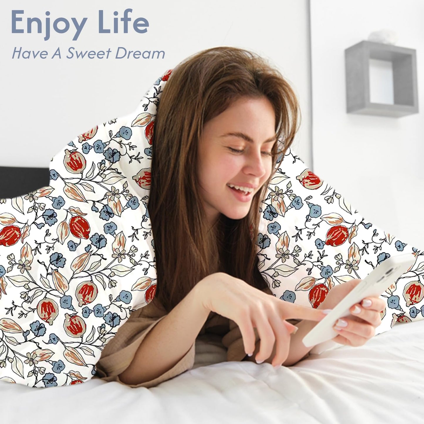 LONAVA Queen Flower 3 Pcs Duvet Cover Set, Breathable Soft Microfiber White Lining Comforter Cover with Zipper Closure, and 2 Anti-Pilling, Fade Resistant Pillowcases, Red Bud