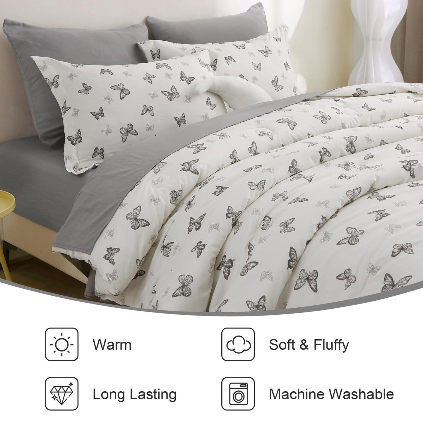 Jameswish 7 Pieces Black Butterfly Comforter Set for Girls Kids Soft Fluffy Bedding Set Full Size Bed in A Bag as Gifts (1 Comforter, 1 Flat Sheet, 1 Fitted Sheet, 2 Pillowcase and 2 Pillow Sham)