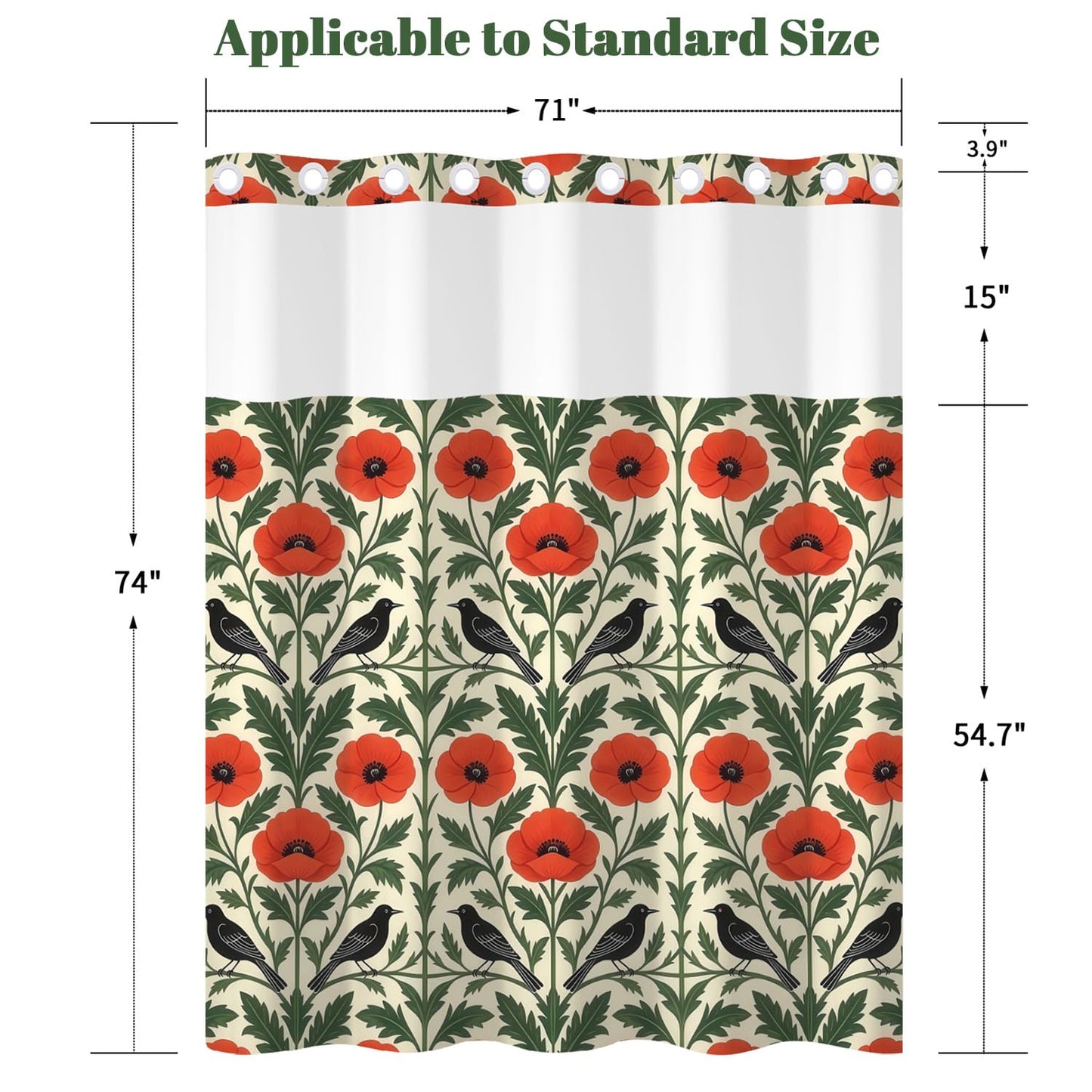 Xiazhilaio Gothic Floral & Bird Shower Curtain with Snap in Liner, 71Wx74L