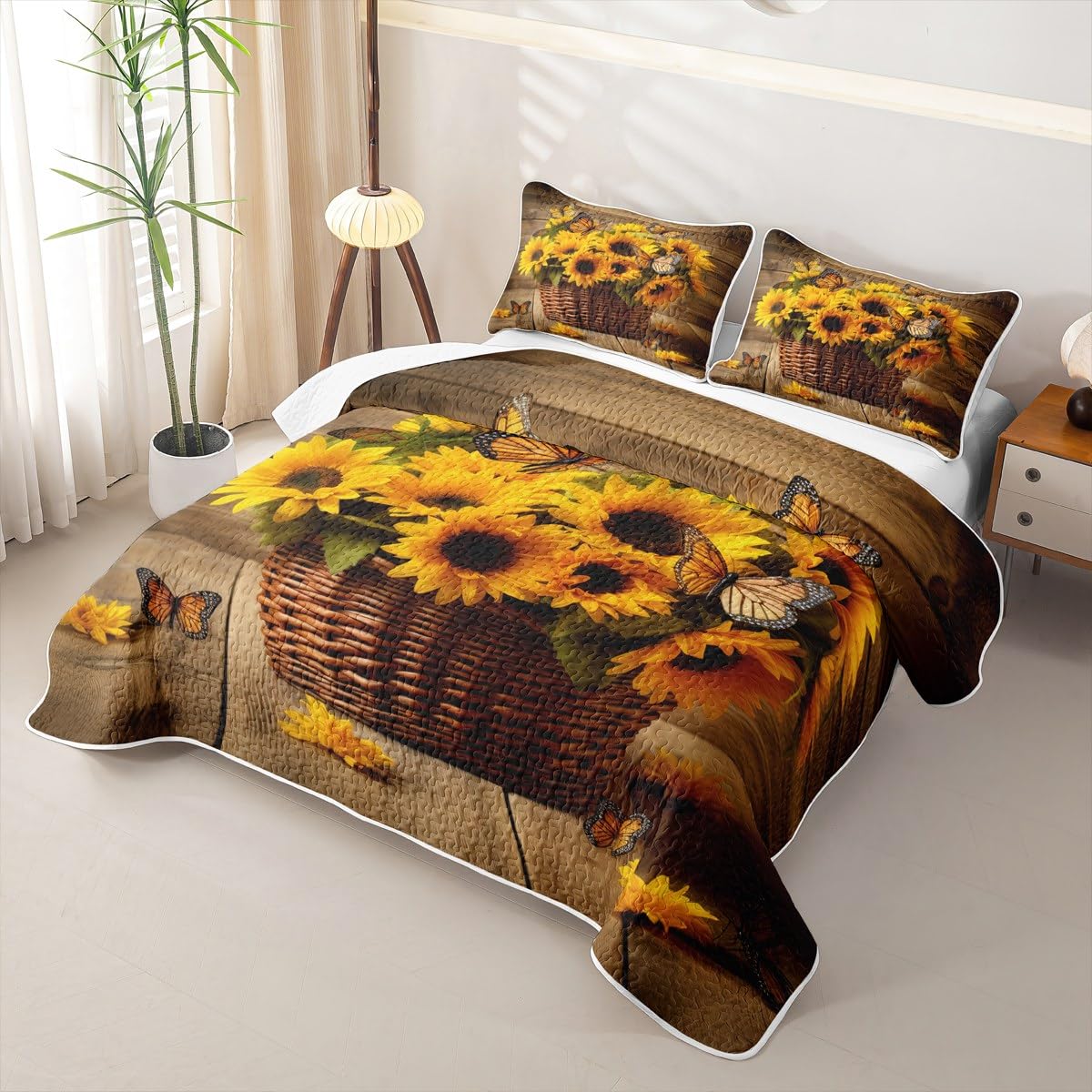 Erosebridal Girl Sunflower Quilt Set Twin Butterfly Bedding Coverlet Yellow Floral Bedspread with 1 Pillowcase All Season Romantic Garden Style Soft Bed Lightweight Comforter