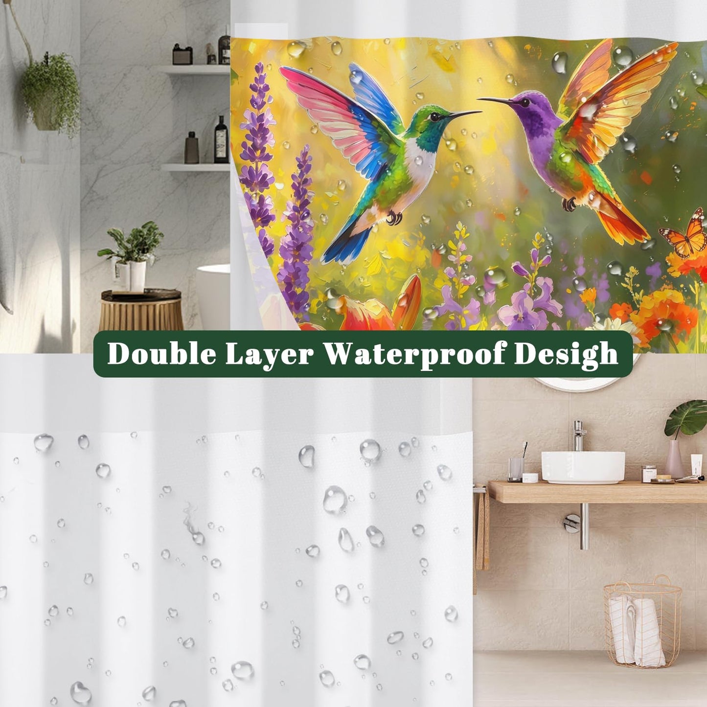 Xiazhilaio Hummingbird & Floral Shower Curtain Snap in Liner, 71x74 Inch