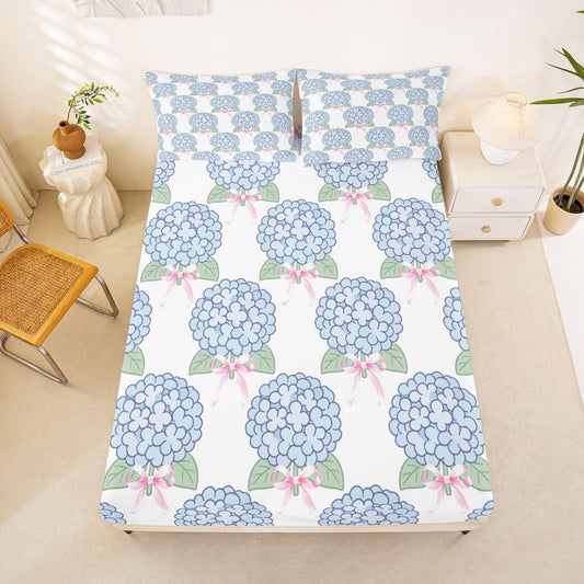 Blue Hydrangea Fitted Sheets Full Size (No Flat),Pink Bows Bedding Set 3Pcs,Kids Teens Woman Room Decor,Hydrangea Floral Bed Sheet Princess Sweet Style Deep Pocket Sheet,2 Pillowcases