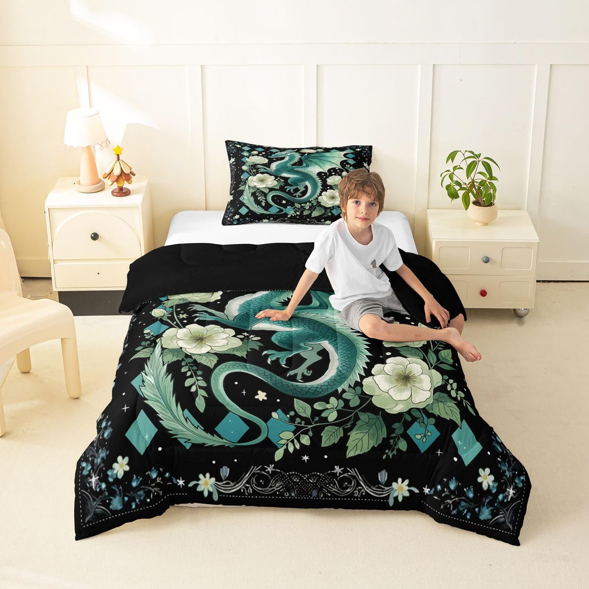 Feelyou Dragon Bedding Set Soft for Boys Girls, Magical Beast Comforter Set Twin Size Jungle Dragon Duvet Quilt Microfiber Wild Animal Bedroom Decor Fantasy Animal 2 Pcs with 1 Pillow Cases