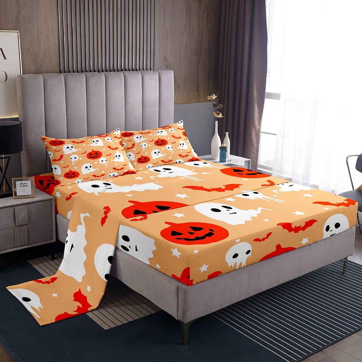 Feelyou Happy Halloween Kids Twin Size Bedding Set Decoration Pumpkin Lantern Sheets Set for Boys Girls Ghost Cute Fitted Sheet Orange Bed Sheet Set Collection