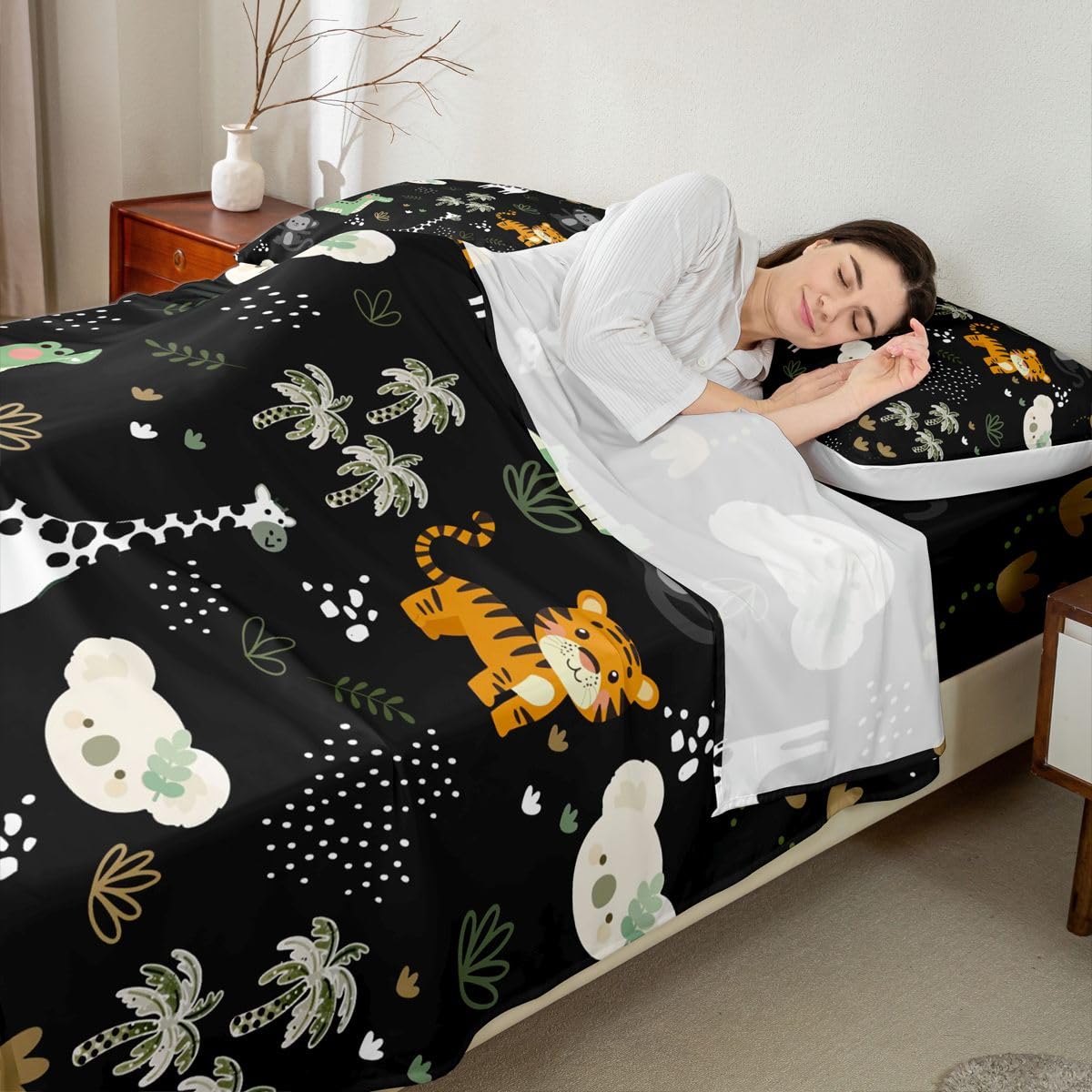 Erosebridal Jungle Animals Sheet Set Full Cartoon Kawaii Bed Sheets for Kids Boys Girls Monkey Giraffe Crocodile Tigers Flat Fitted Sheet Hunting Wildlife Sheets 3 Pcs