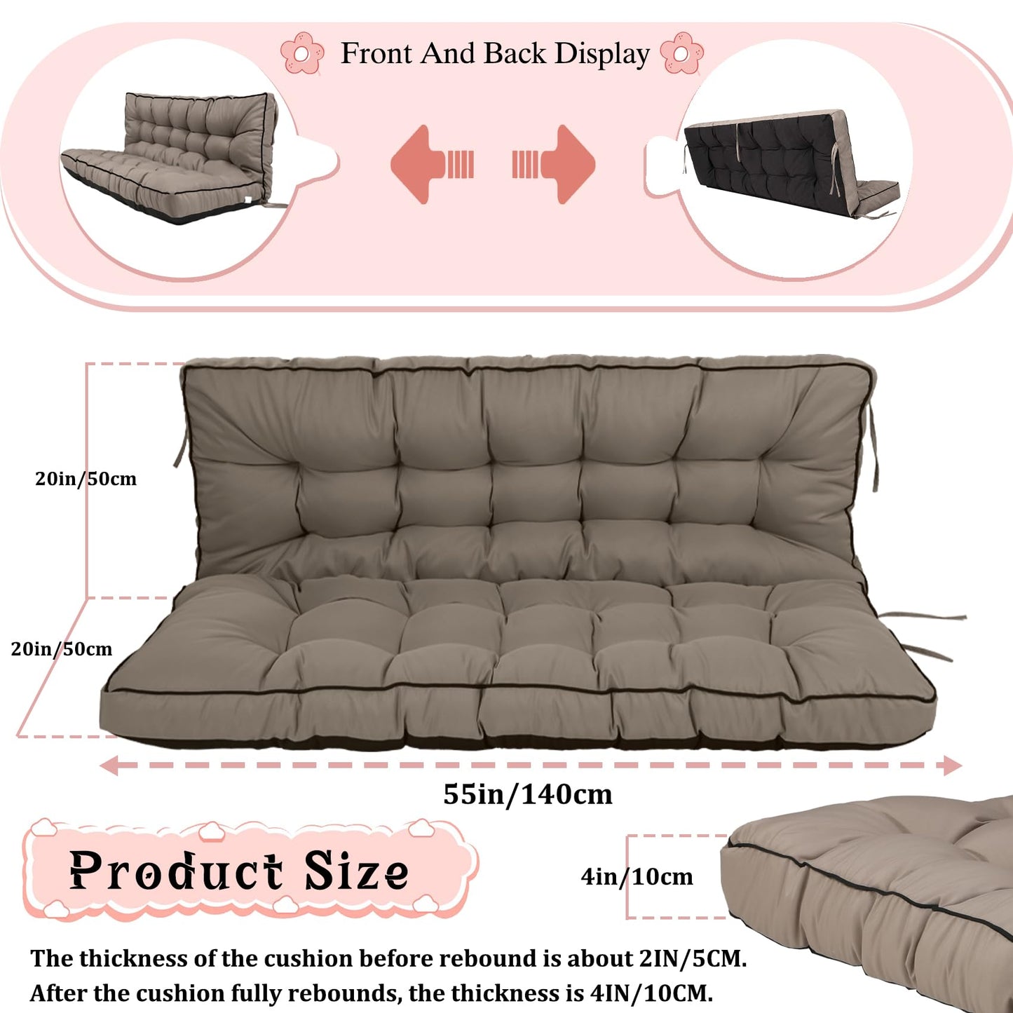 2-3 Seat Swing Replacement Cushion, Outdoor Bench Cushions with Backrest Thicken 4", Patio Furniture Garden Porch Loveseat Glider Pad Anti-Fading Waterproof (Khaki, 40x55in)