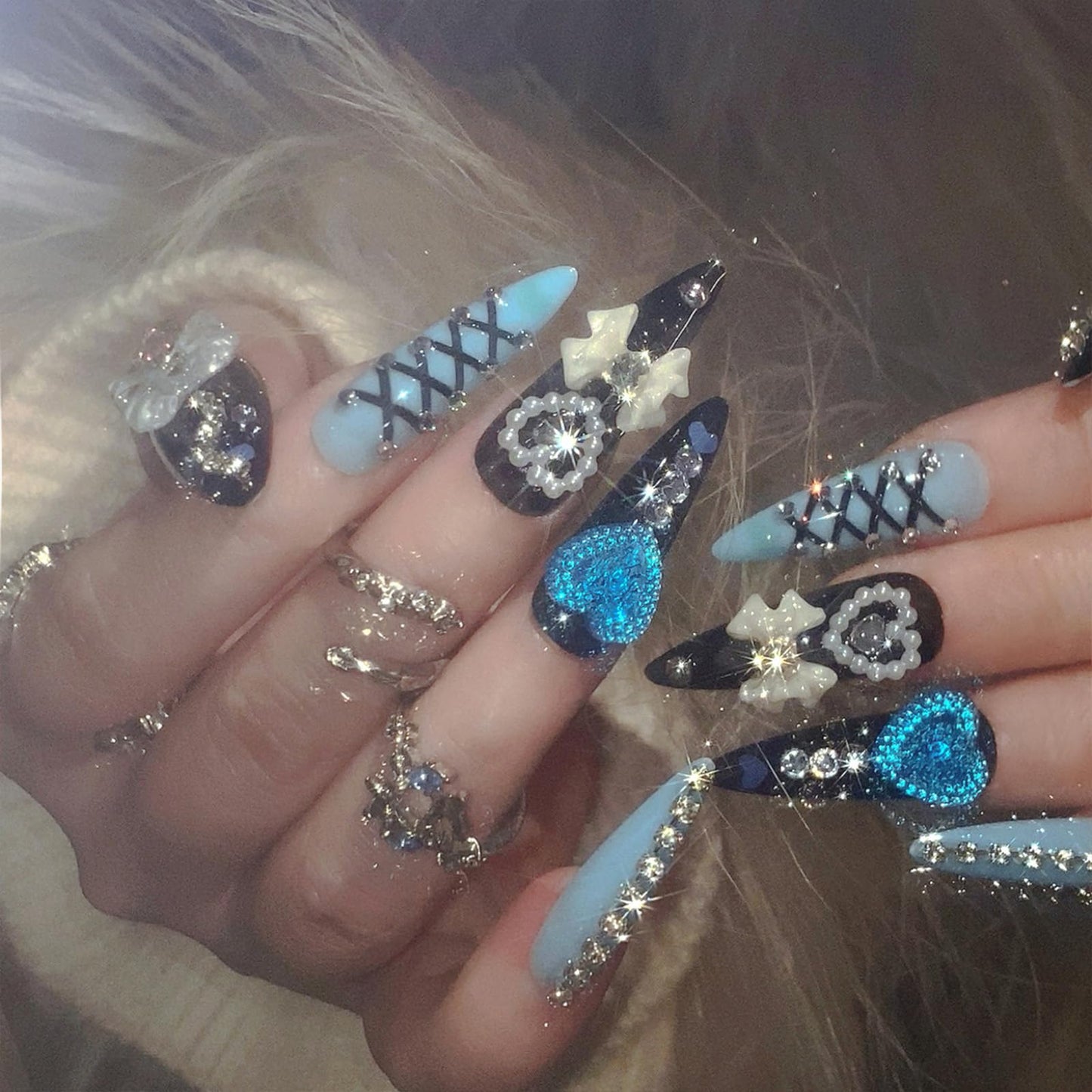 SINHOT Stiletto Press on Nails - Long Fake Nails, Glossy Finish, Handmade Luxury Charms & Black Blue, DIY Artificial False Nail Art - 24 Pcs Nail Kit with Glue