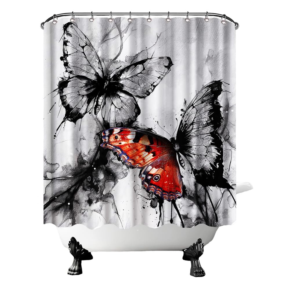 Conipit Butterfly Shower Curtains for Bathroom Black Red Ink Painting Shower Curtain Watercolor Butterfly Bathroom Curtain 72"x72" with 12Pcs Hooks(red)