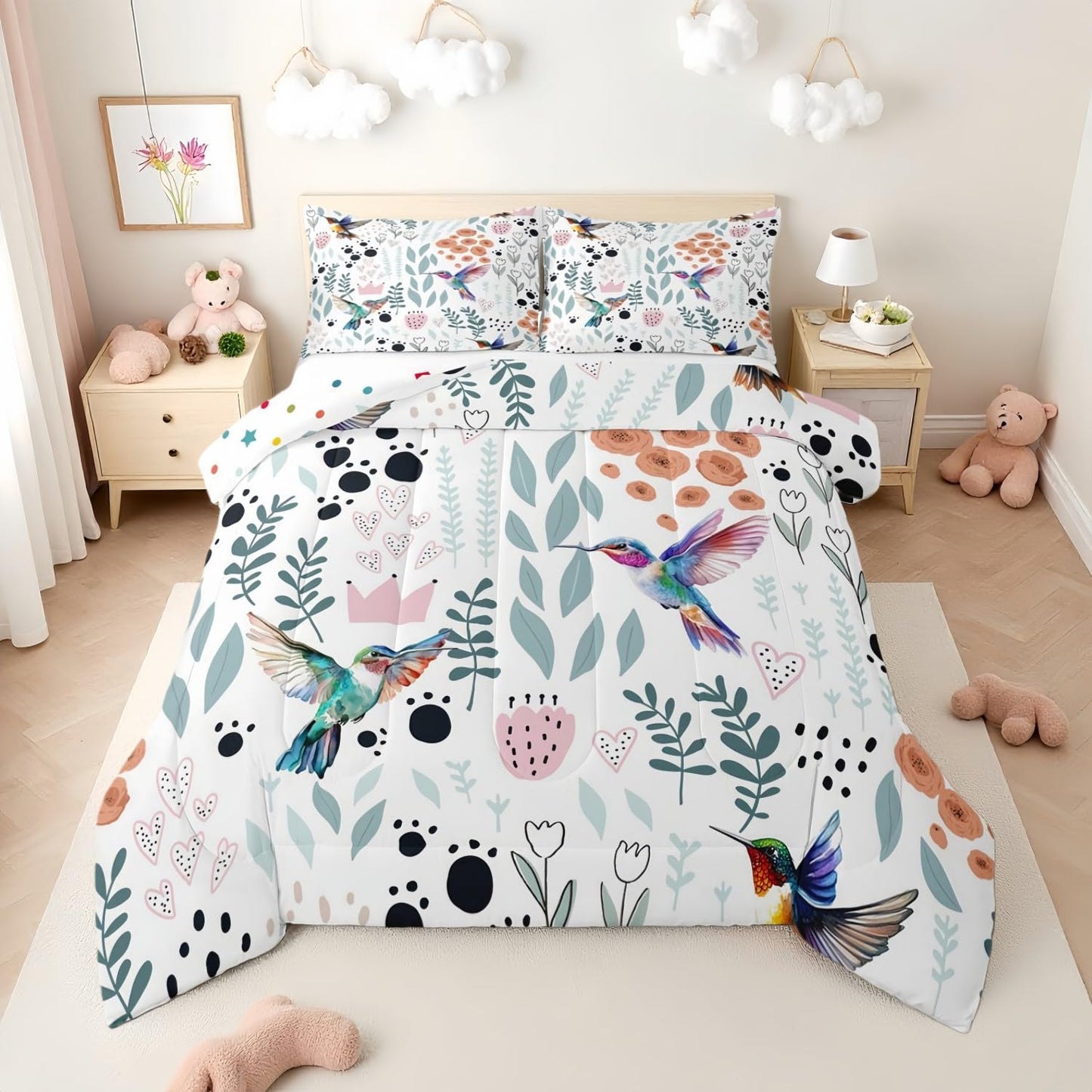 Erosebridal Hummingbird Bedding Set,Cartoon Hummingbird Comforter Set Twin,Cute Love Heart Leaf Flower Comforter Set for Kids Girls Boys,Paw Print Animals Quilt Duvet Insert with 1 Pillow Case