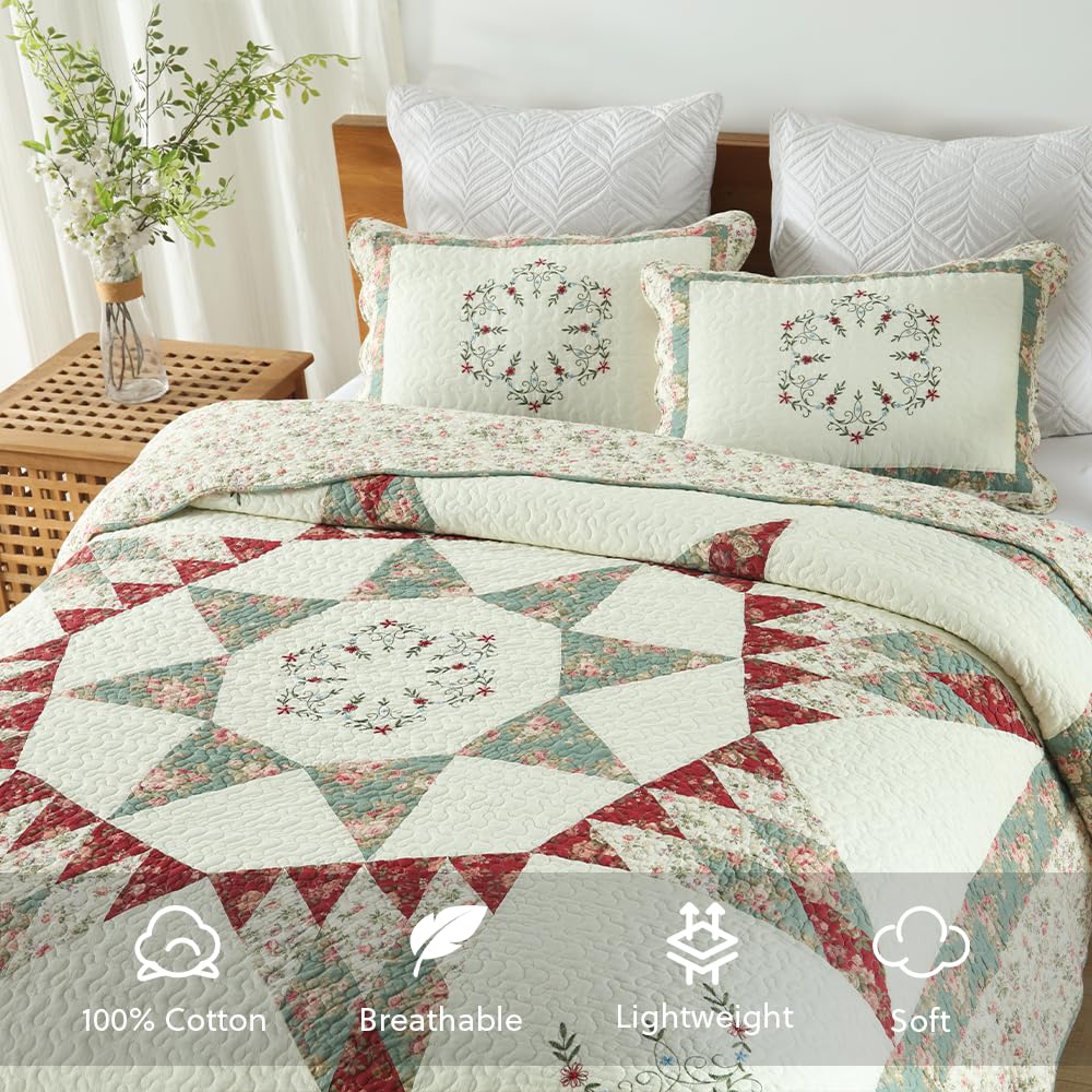 camandy Cotton Bedspread Quilt Bedding Sets, 3 Pieces Reversible Coverlets Comforters Star with Green Floral Real Patchwork Bedspread, King Size
