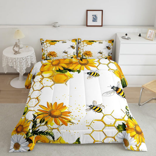 Feelyou Bee Comforter Set Queen Size Bee Honeycomb Sunflower Bedding Set for Kids Boys Girls Garden Floral Decor Comforter Microfiber Cute Animal Duvet Set Bedroom Quilt Set