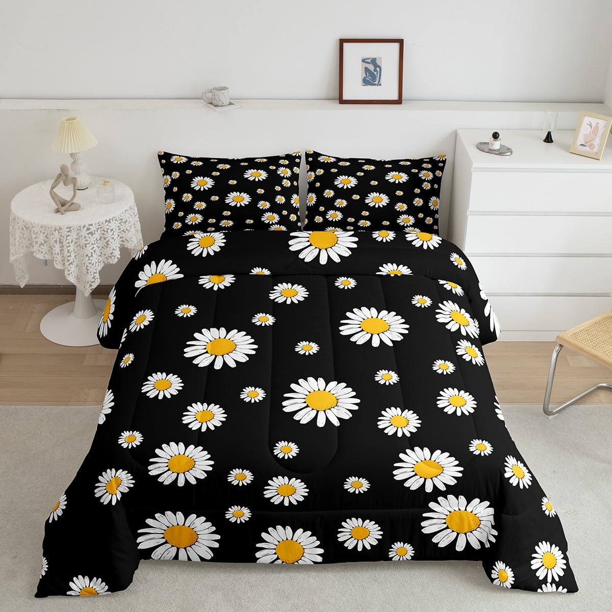 Erosebridal Daisy Comforter Sets Twin Size for Kids Girls Teens Women White Flower Down Comforter Rustic Floral Bedding Set Pastoral Country Style Duvet Sets with 1 Pillow Case Black