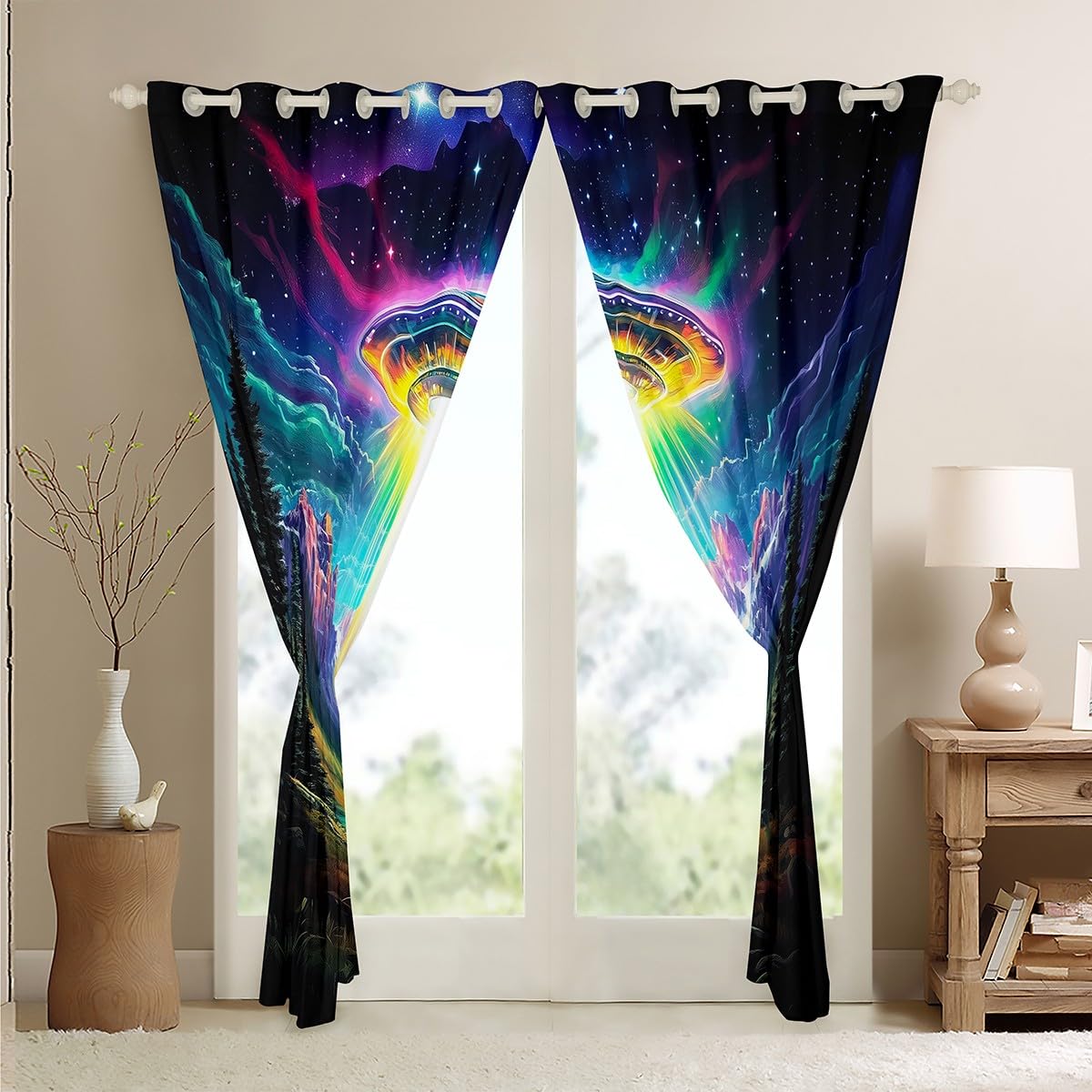 Feelyou Kids Spaceship Curtains,Alien Spaceship Window Curtains for Bedroom Living Room,Rainbow Spaceship Outer Space Window Drapes,Soft Blackout Curtains, 42W X 84L,2 Panels