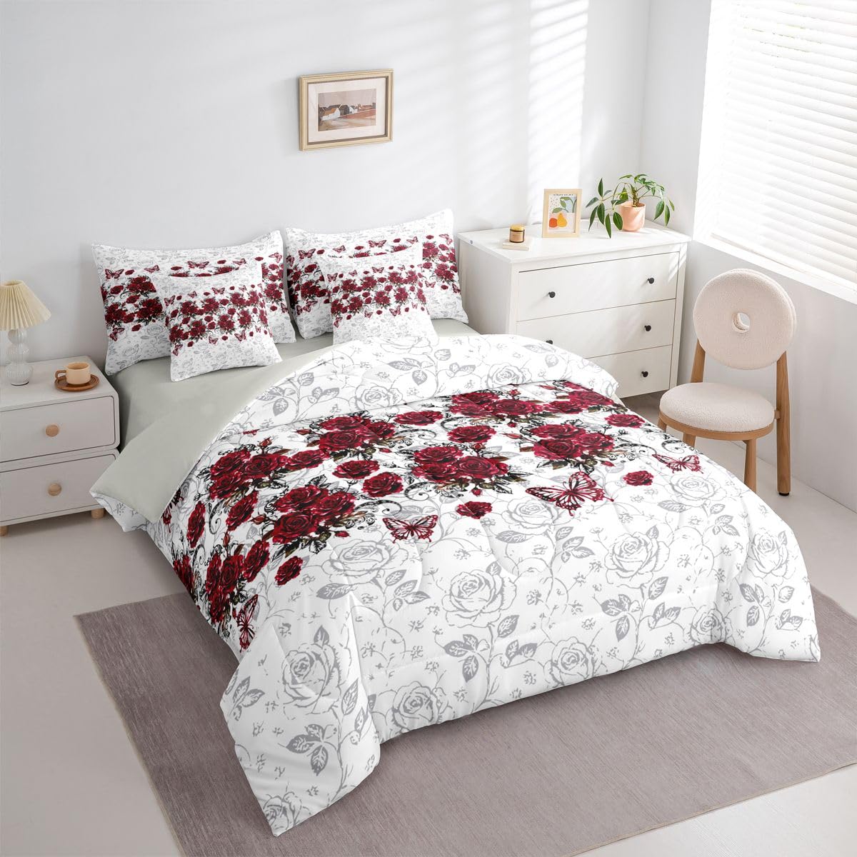 Feelyou Red Rose 7 Piece Bedding Set Floral Flower Comforter Set with Sheets for Kids Boys Girls Jacquard Damask Bed in a Bag Butterfly Print Bed Set Soft Lightweight