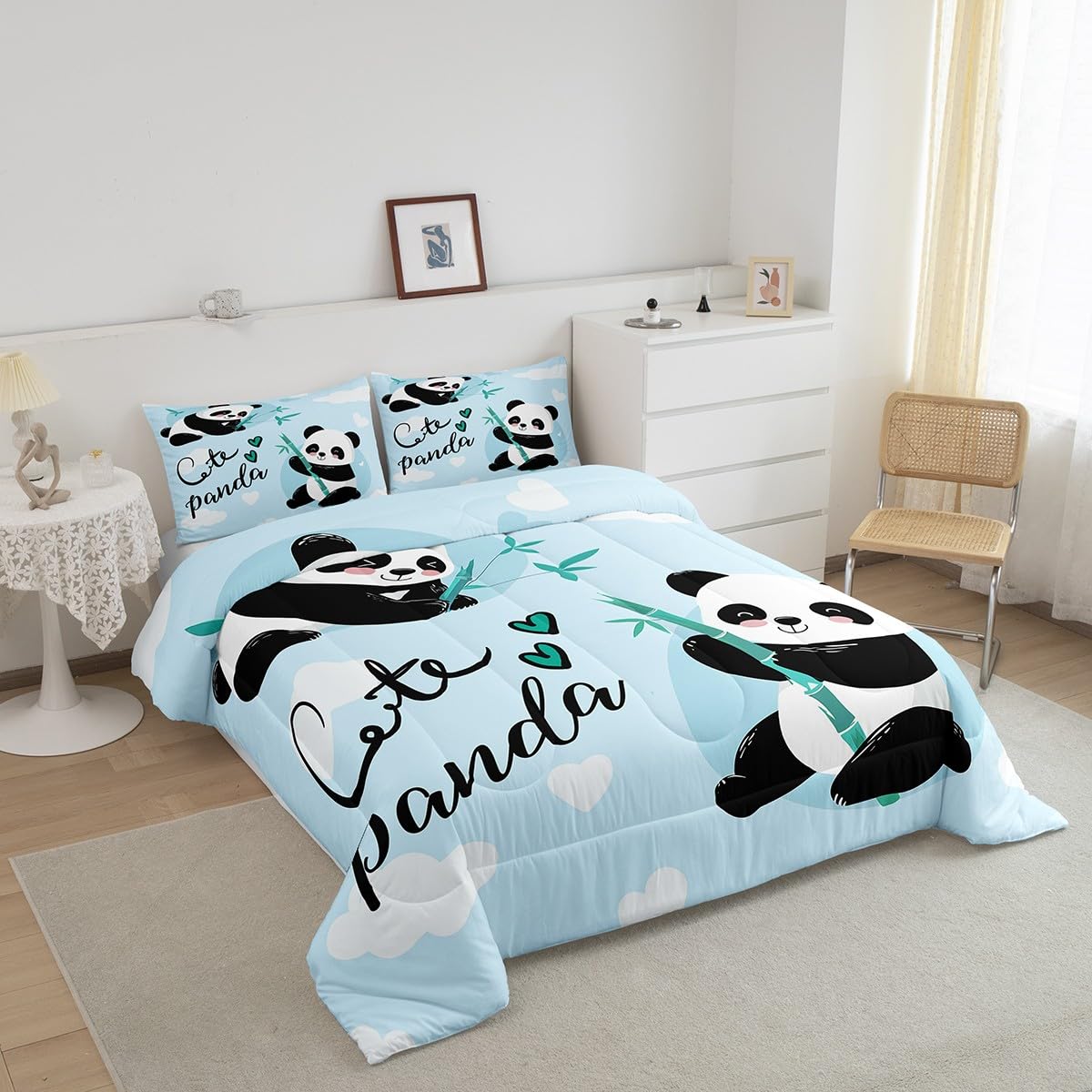 Feelyou Cute Panda Bedding Set Cartoon Panda Comforter Set for Kids Boys Girls Animal Theme Comforter Kawaii Animal Quilt Set Blue 1 Comforter Set with 2 Pillowcases Full Size