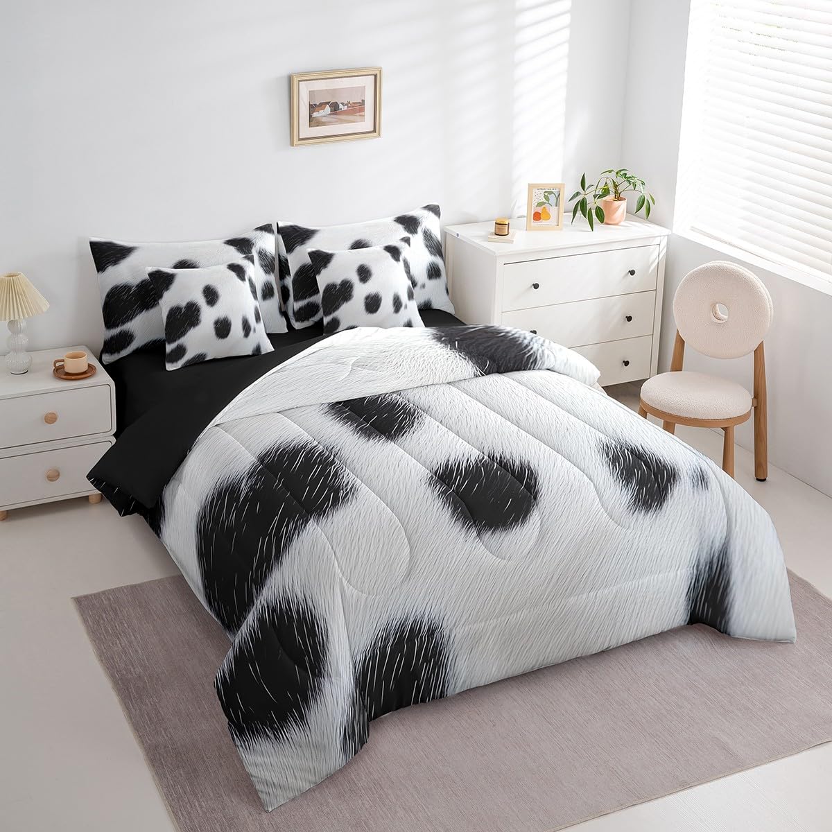 Erosebridal Cute Cow Print Kids King Bedding Set 7 Piece Cowhide Bed in A Bag for Boys Teens Adult Farm Animal Fur Comforter Set Farmhouse Wildlife Skin Sheets Lightweight Bedroom Decor