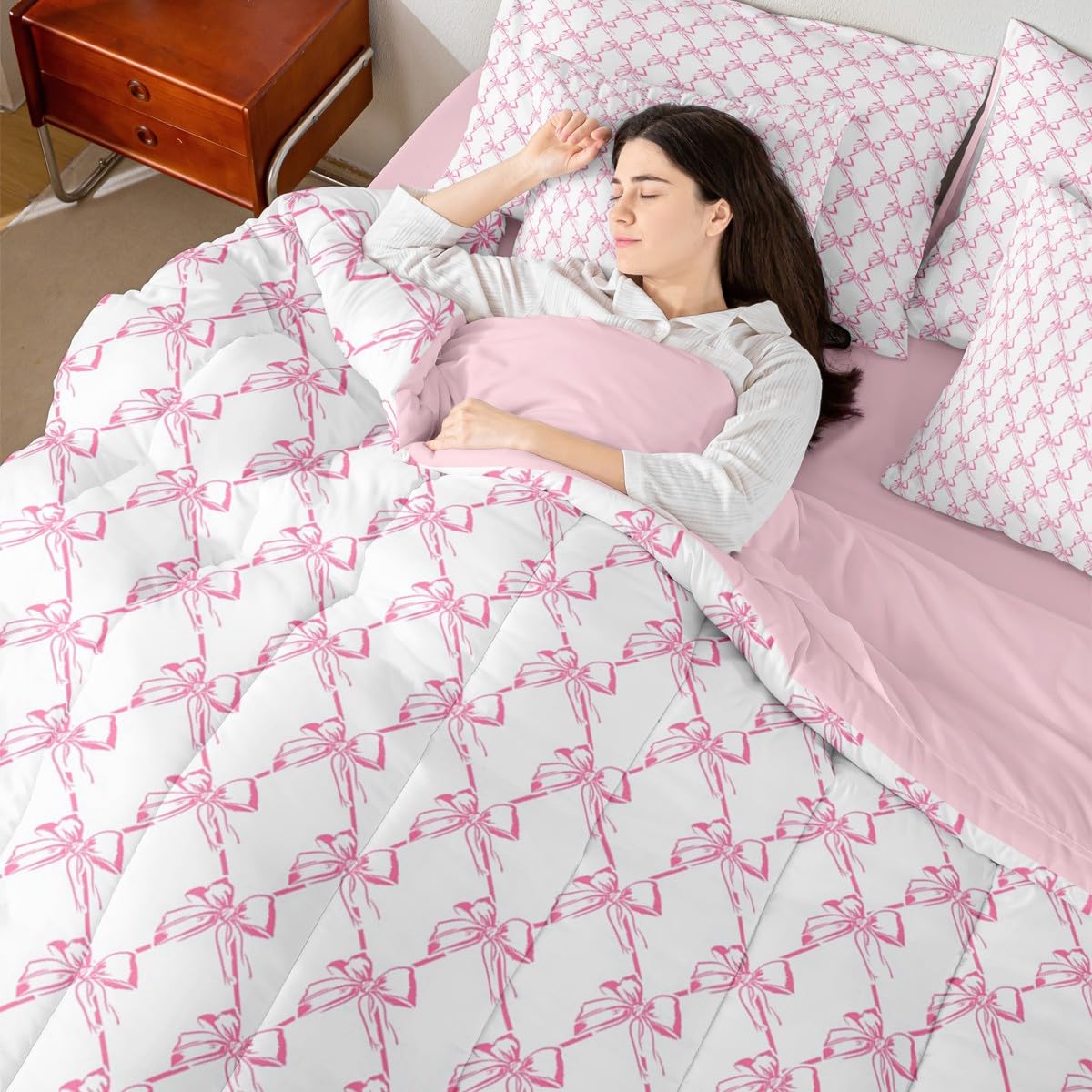 Erosebridal Girls Bowknot 7 Piece Comforter Set King Size | Cute Pink Bow Coquette Bedding Set Girly Bow Tie Comforter Dreamy Princess Style Sheets Butterfly Knot Aesthetic Quilt Room Decor