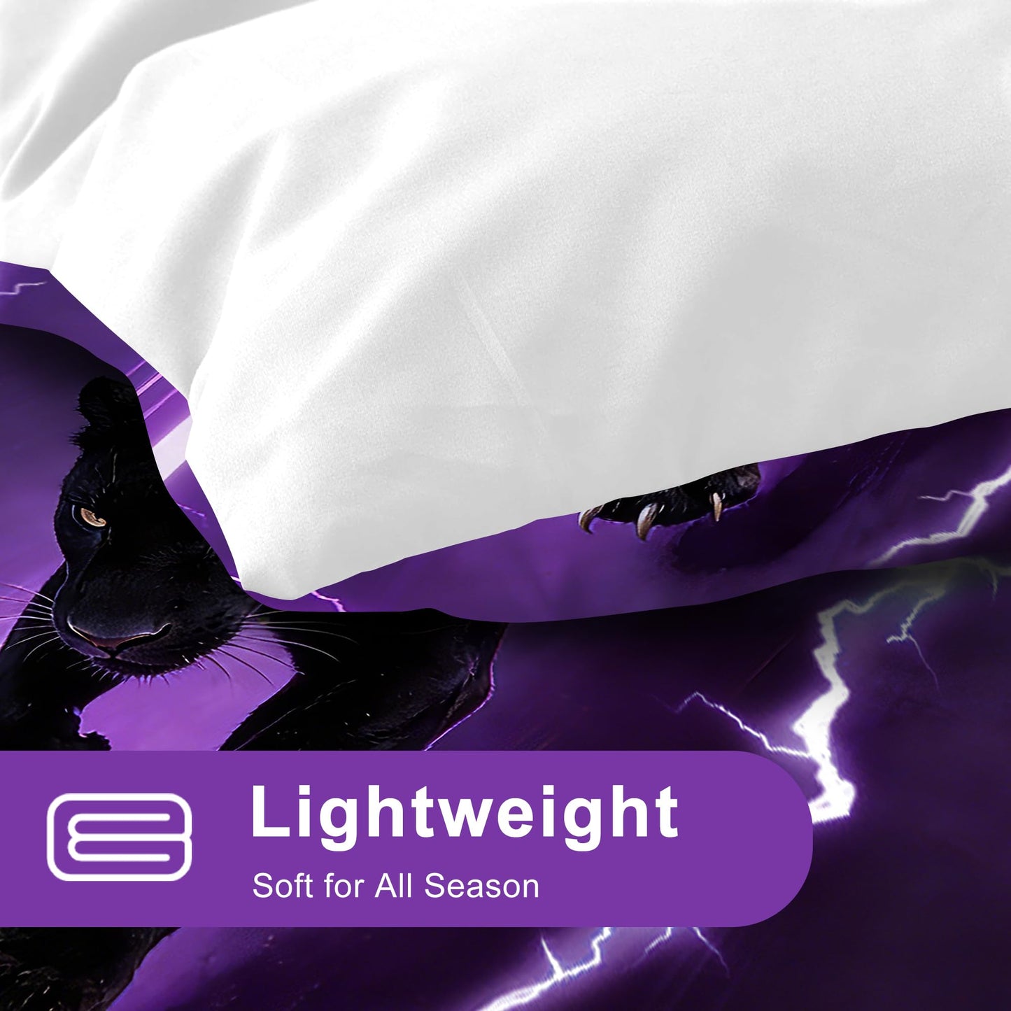 VTKON Purple Panther Comforter Set Full Size Lightning Black Leopard Bedding Set for Boys Teens Thunderbolt Cheetah Duvet Animal 3 Piece with 1 Comforter 2 Pillow Cases