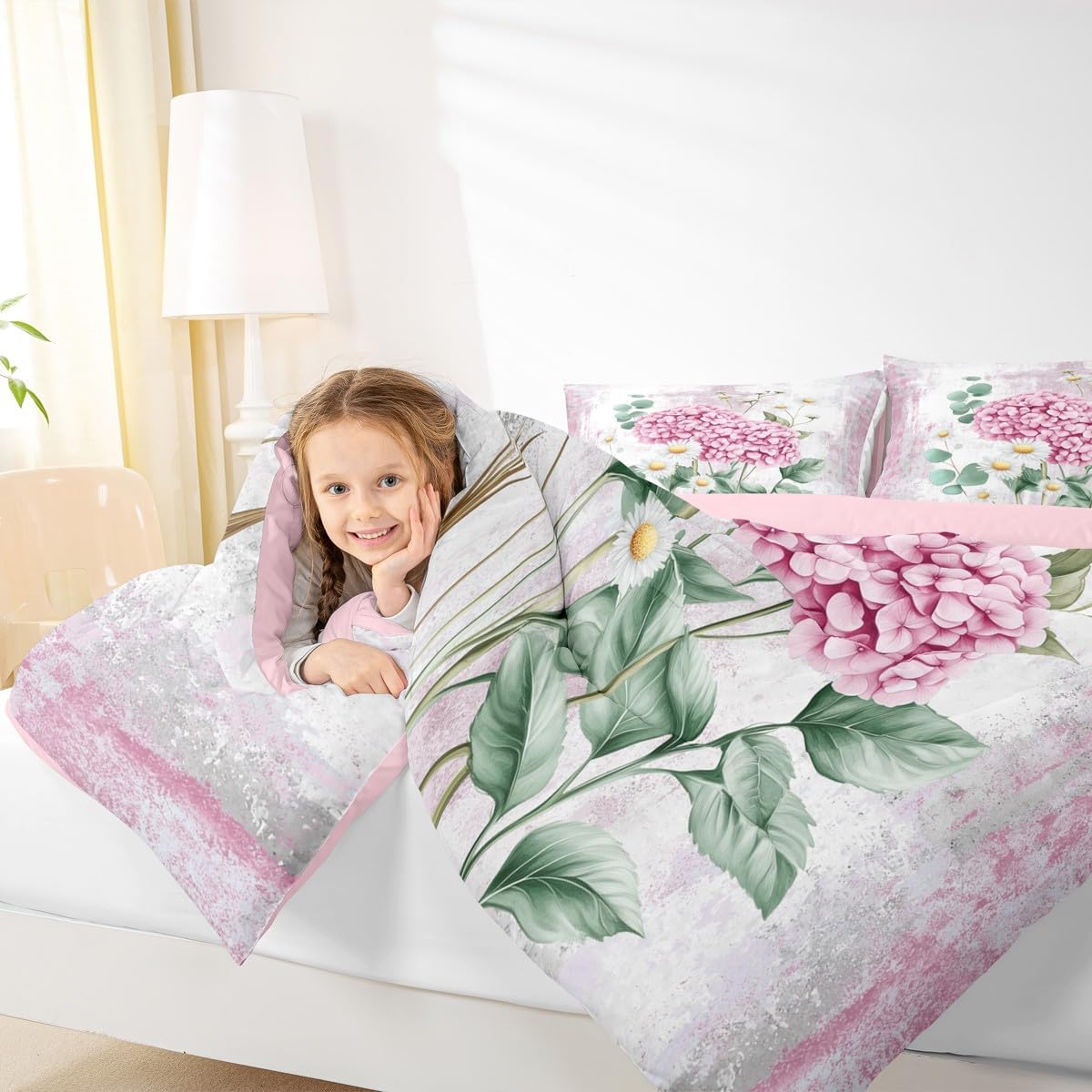 Erosebridal Watercolor Flowers Queen Comforter Set Abstract Oil Painting Hydrangea Bedding Set Rustic Farmhouse Bed Set Ombre Pink Green White Quilt Set
