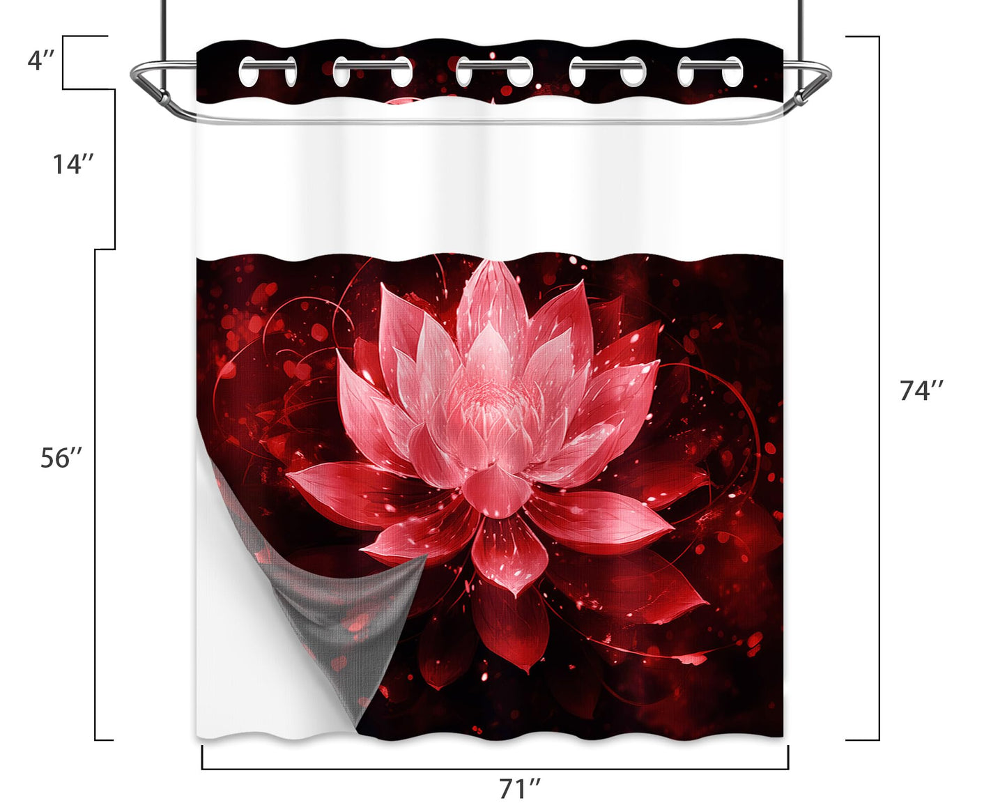Lotus Hookless Shower Curtain with Liner, Black and Red Floral, 71"x74"