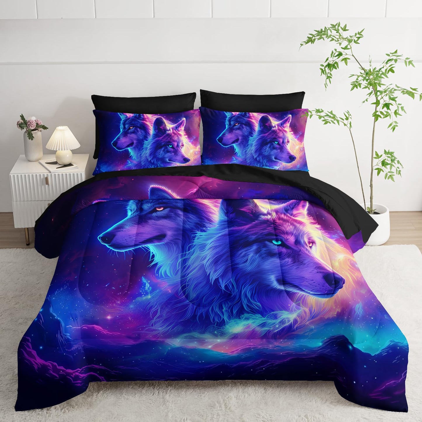 AILONEN Galaxy Wolves Comforter Set - 7Pcs Soft Twin Size Bed in a Bag - Neon Starry Wolf Comforter,Fitted Sheet,Flat Sheet,2 Pillowcases,2 Pillow Shams for Room Decor