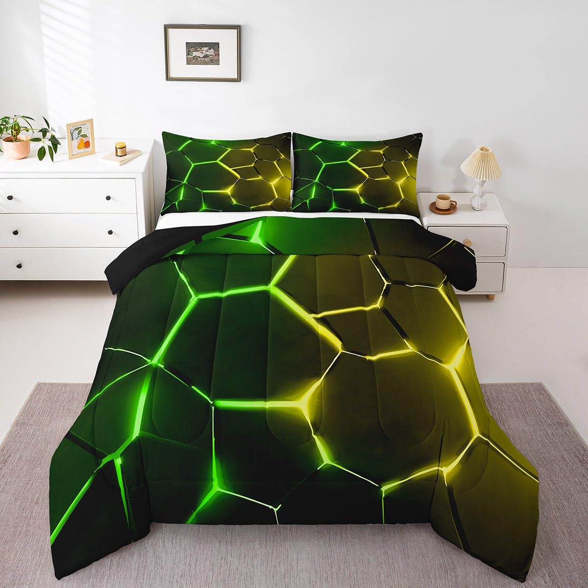Feelyou Honeycomb Comforter Green Yellow Hexagonal Print Bedding Set for Kids Boys Girls Children Beehive Geometrical Comforter Set Ultra Soft Decor Reticulated Duvet Set Twin Size