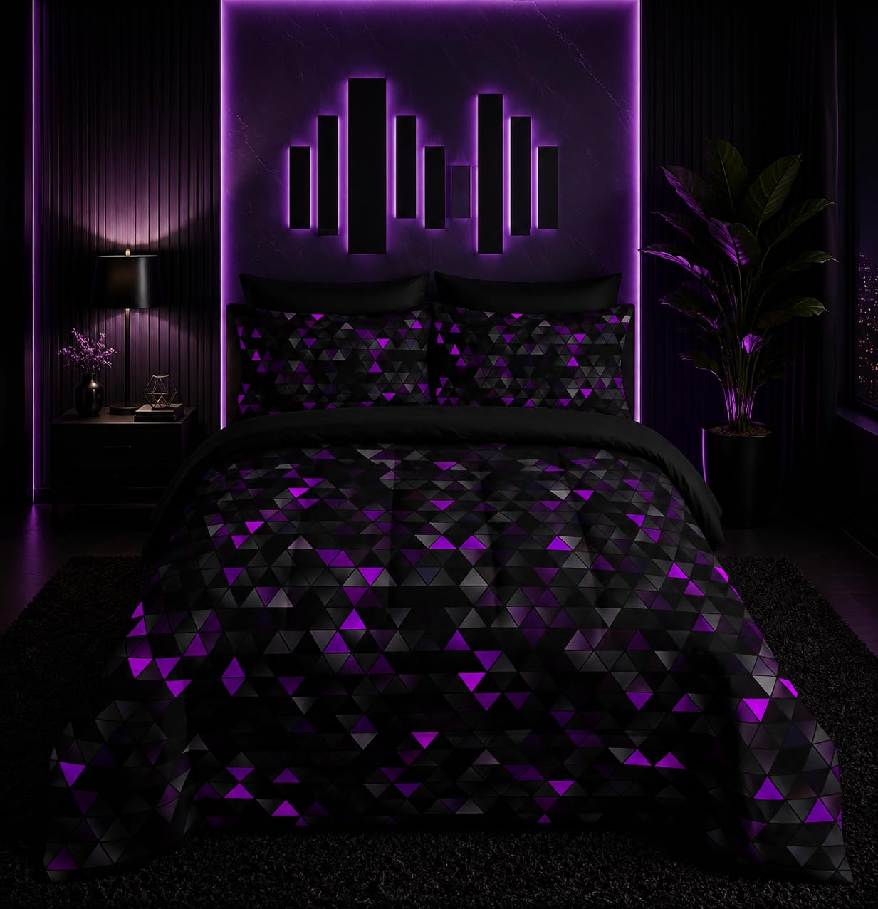 Nttopship Geometric Violet Black Triangle King Size Comforter Set,Light Honeycomb Bedding Set 7 Piece in A Bag,Bed Sheet Set Geometry Decor,Microfiber Lightweight All Season