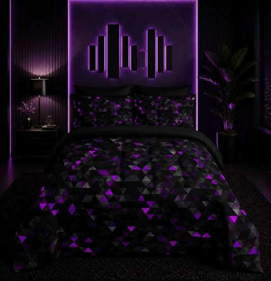 Nttopship Geometric Violet Black Triangle King Size Comforter Set,Light Honeycomb Bedding Set 7 Piece in A Bag,Bed Sheet Set Geometry Decor,Microfiber Lightweight All Season