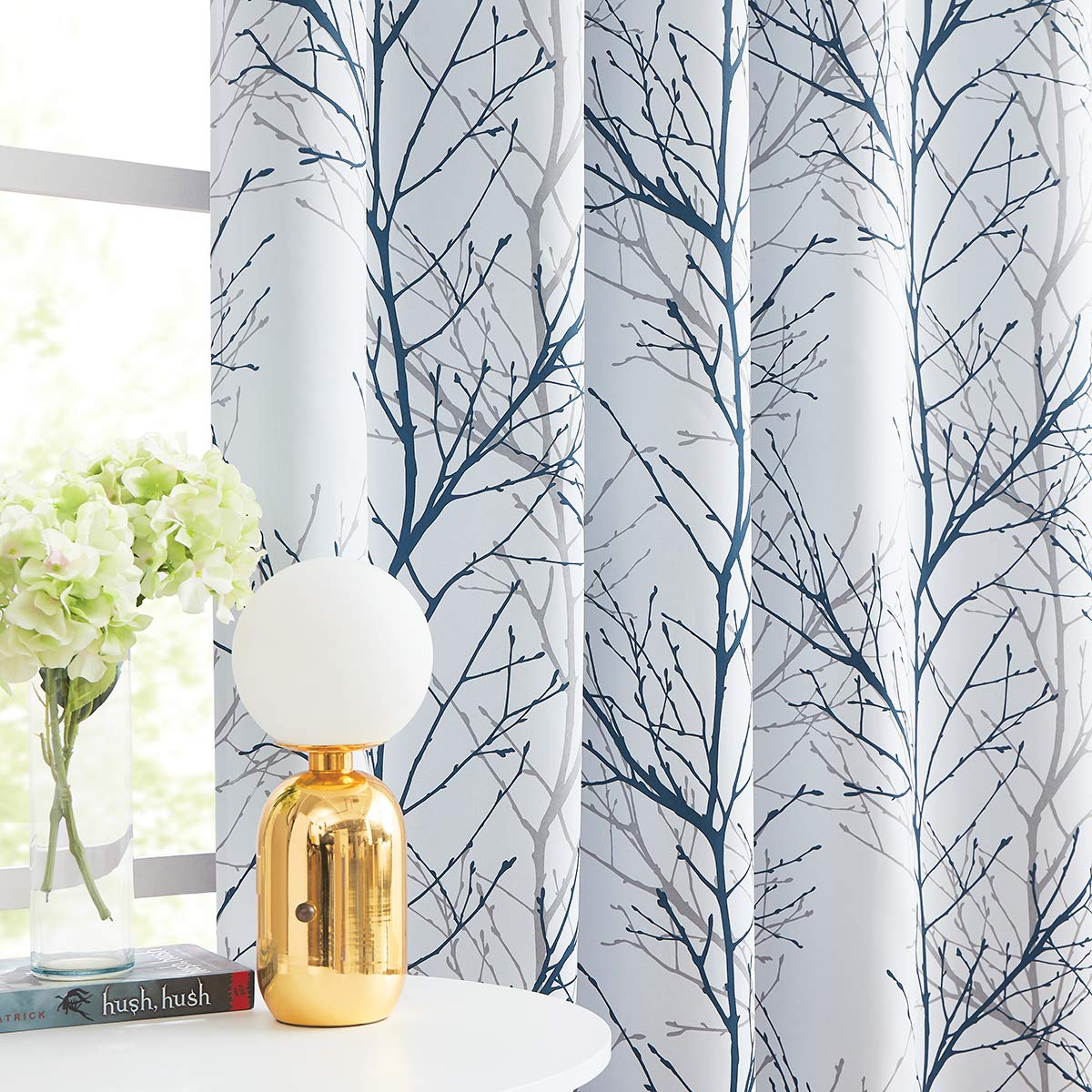 FMFUNCTEX 100% Blackout Curtains for Bedroom, Blue White Tree Curtains 84 Inches Long for Living Room, Grey Farmhouse Room Darkening Window Curtains for Summer Winter 2 Panels Grommet Top