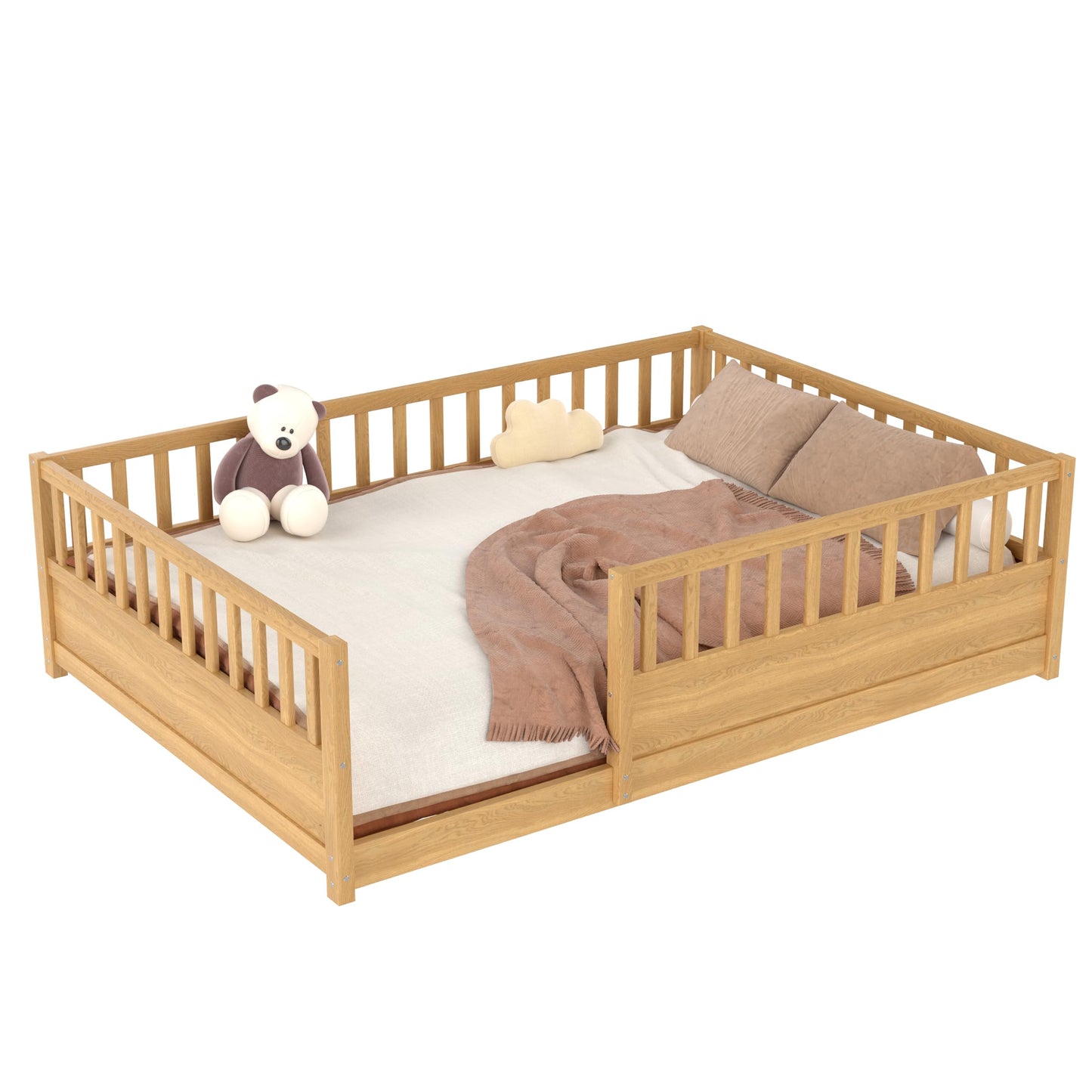 KEIKI Full Size Floor Bed, Montessori Floor Bedframe with Fence, Wood Bed with Support Slat for Living Room, Natural