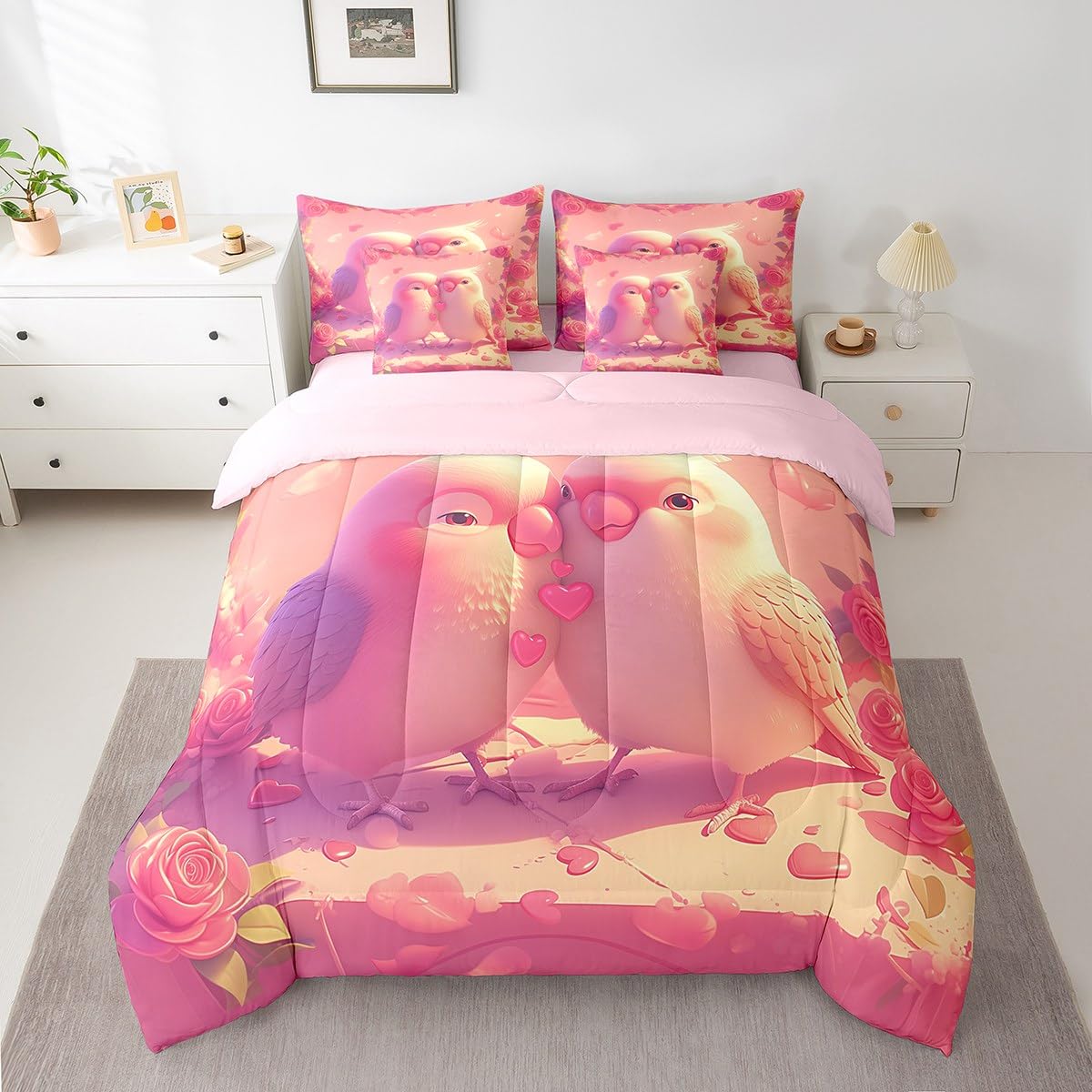 Erosebridal Cute Cardinal Couple Full Comforter Set for Girls Women,Pink Roses Valentine's Day Bed in A Bag Cartoon Animal Lovers 7 Piece Bedding Set Romantic Love Heart Flowers Bed Set
