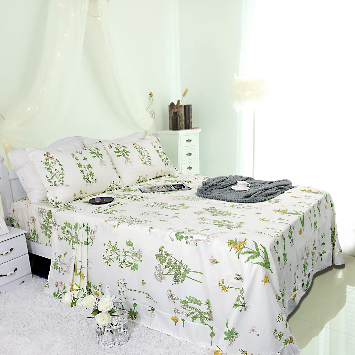 FADFAY Floral Fitted Sheet Set 100% Cotton White Bedding Set Green Flower Printed Pattern Flat Sheet Sets Shabby Comfy Chic Bed Sheet Sets Hypoallergenic Cozy House Sheets (4 Pieces, Full Size)