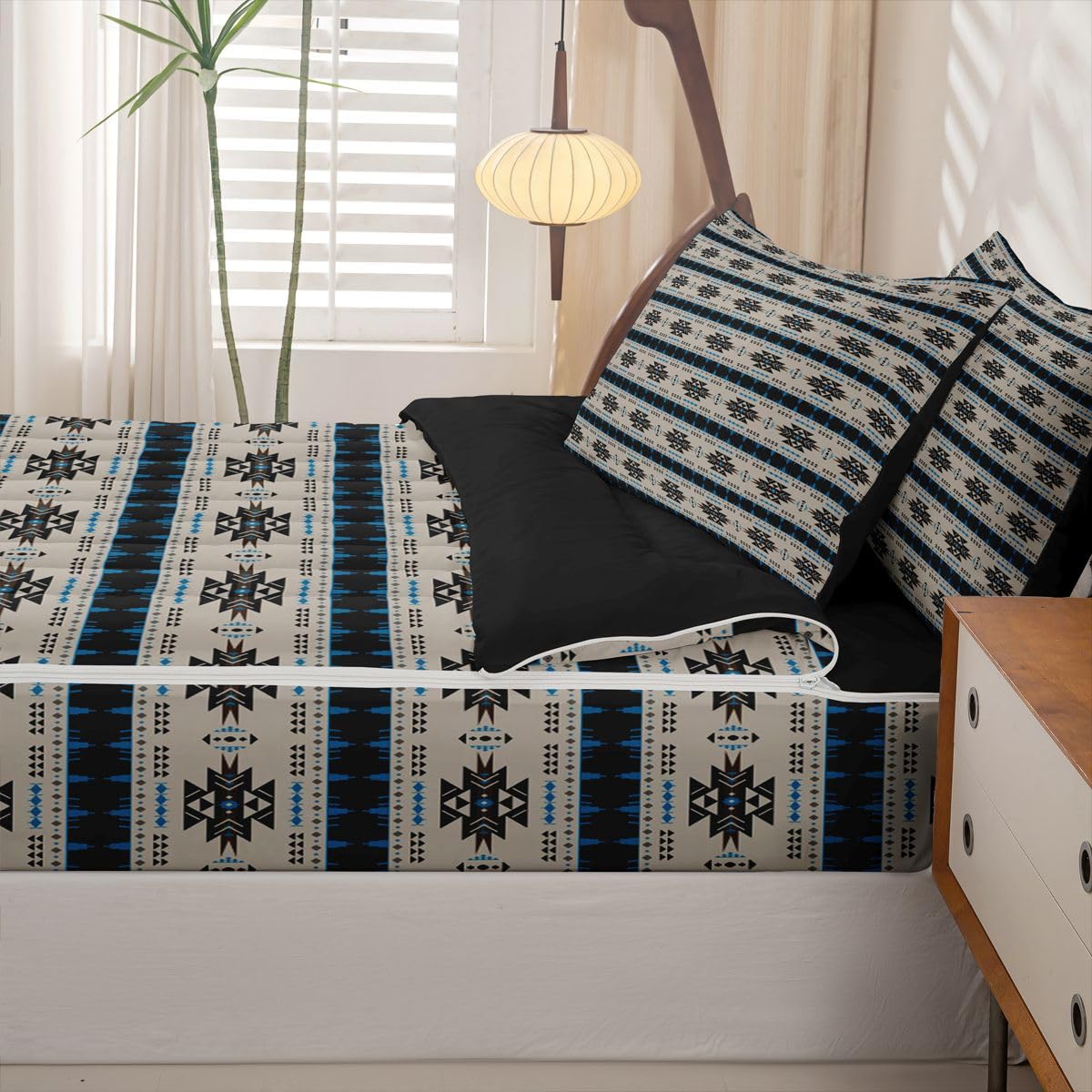 Western Zipper Bedding Set Queen Zip Up Bedding Ethnic Tribal Arrow Comforter Set with Sheets for Boys,Vintage Exotic Geometric Triangle Bed in a Bag African Indian Tribal Sriped Bed Sets Brown Blue