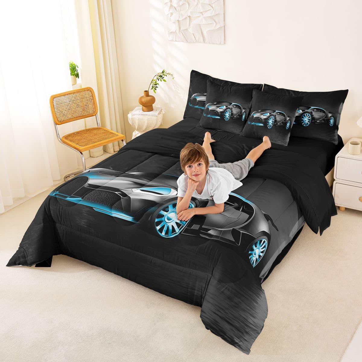 Sports Car 7 Piece Bedding Set Stylish Black Race Car Comforter Set with Sheets for Kids Boys Girls Extreme Sports Theme Bed in a Bag Cool Speed Luxury Car Decor Bed Set with 1 Pillowcase Twin