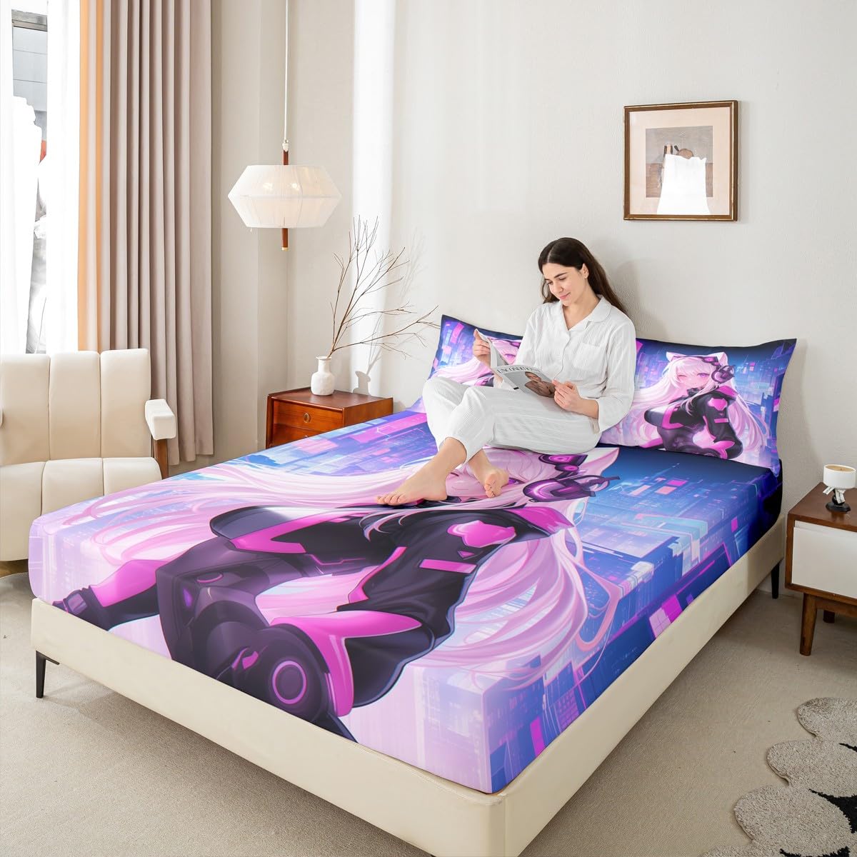 Erosebridal Twin Anime Girl Bed Sheets 2 Piece, Kawaii Japanese Anime Bedding Set Cartoon Girl Fitted Sheet Sci Fi Style Japanese Animation Sheets for Kids Girls Teens Adult Room