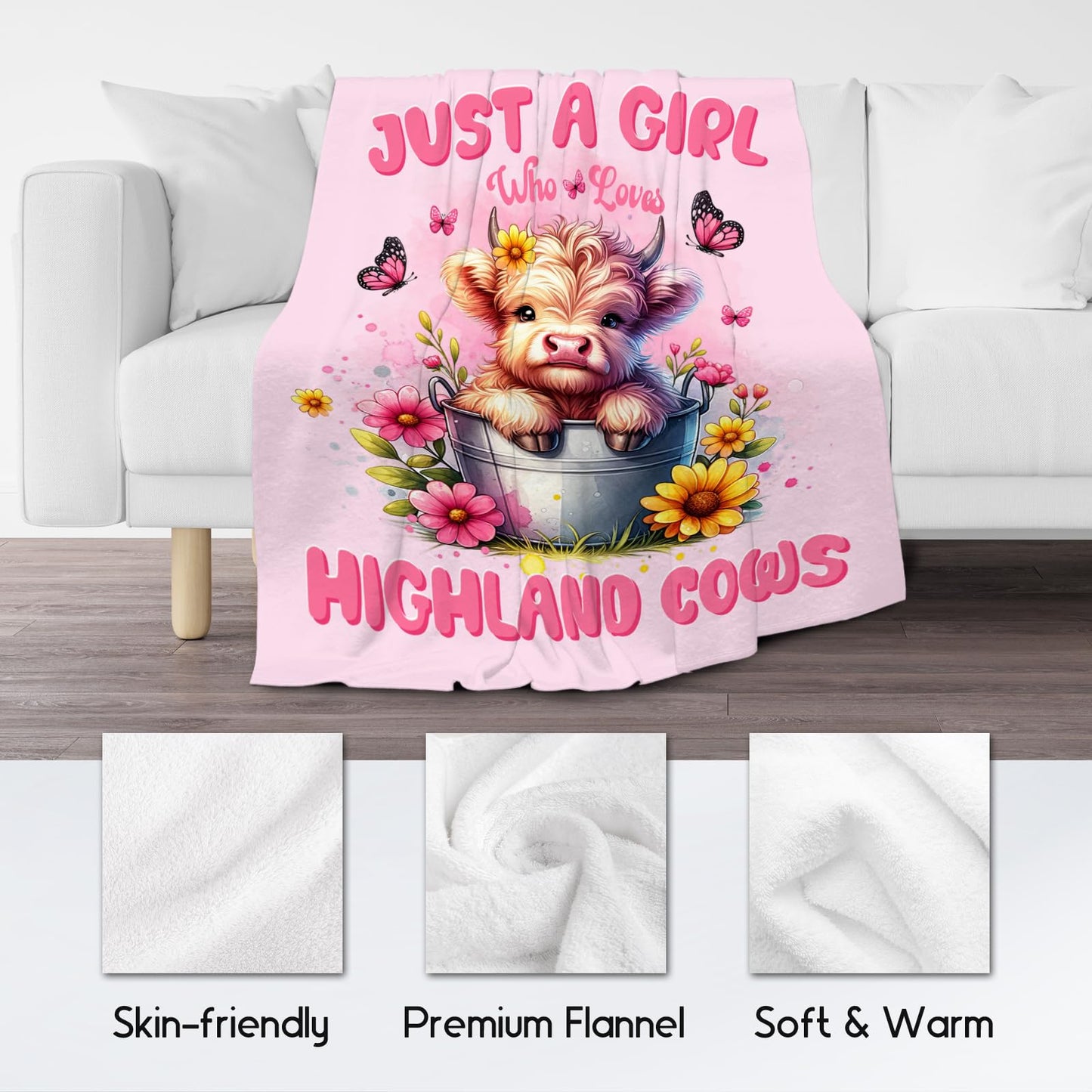 Highland Cow Throw Blanket, Cozy Soft Throw Gifts for Kids, Cute Pink Flannel Throw Blankets for Couch Office, 30x40 Inches