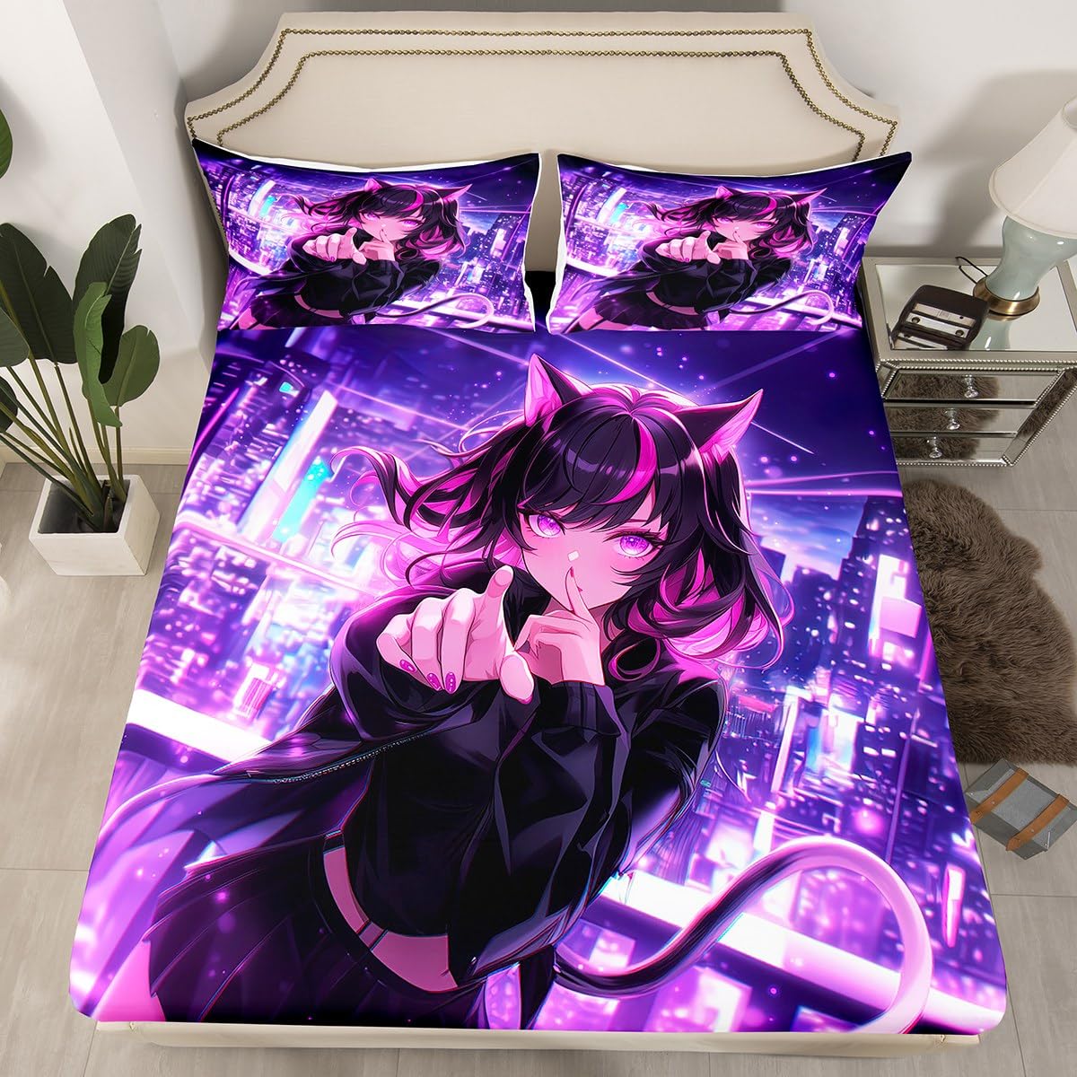 Erosebridal Kids Anime Girl Full Size Bed Sheets, Japanese Anime Fitted Sheet, Cartoon Girl Bedding Set for Boys Teens Bedroom Decor, Kawaii Japanese Animation Bed Set with 2 Pillow Cases