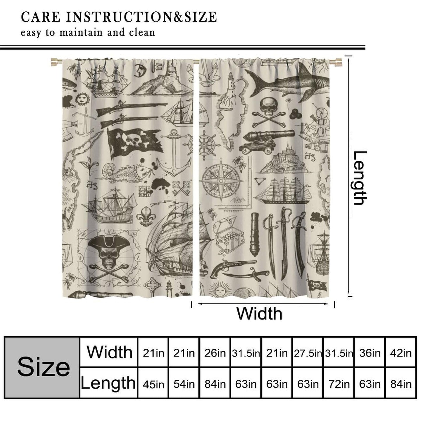 XBDDZSW Nautical Sailboat Map Curtains Sketch Pirate Ship Wheel Compass Starfish Coral Reef Nautical Map Pattern Print Window Drapes for Bedroom Living Room Kitchen Decor,2 Panel Set,42x45 Inch Decor