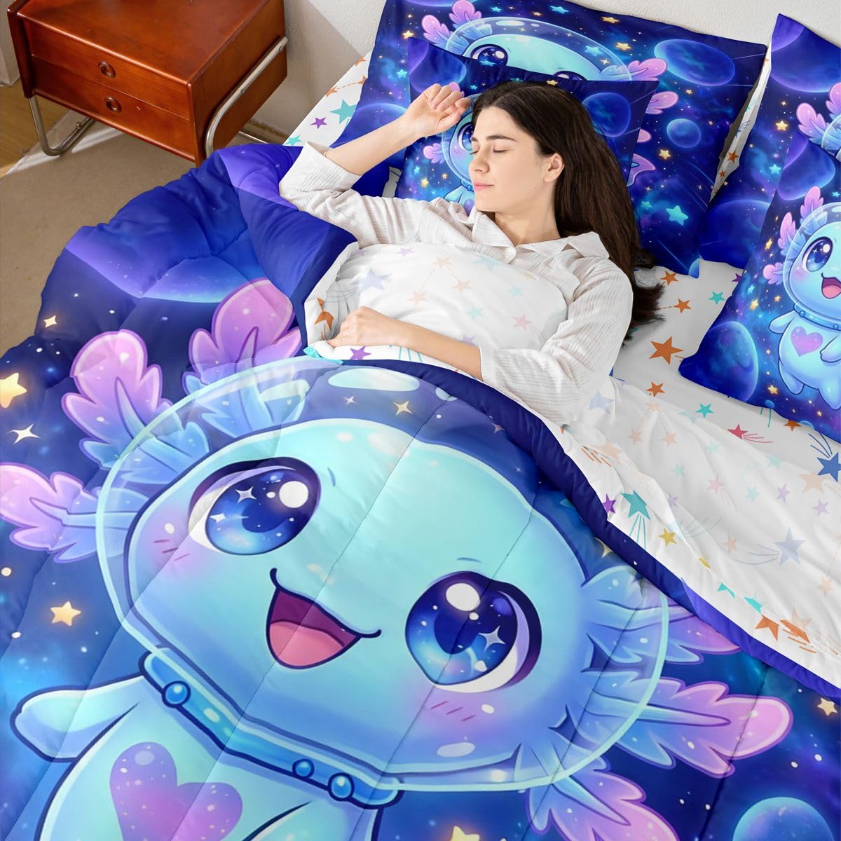 Erosebridal Kids Universe Axolotl Twin Size Bedding Set Boys Girls Cute Axolotl 7 Pieces Comforter Set with Sheets for Teens Purple Blue Starry Sky Bed in a Bag Glitter Stars Print Bed Sets